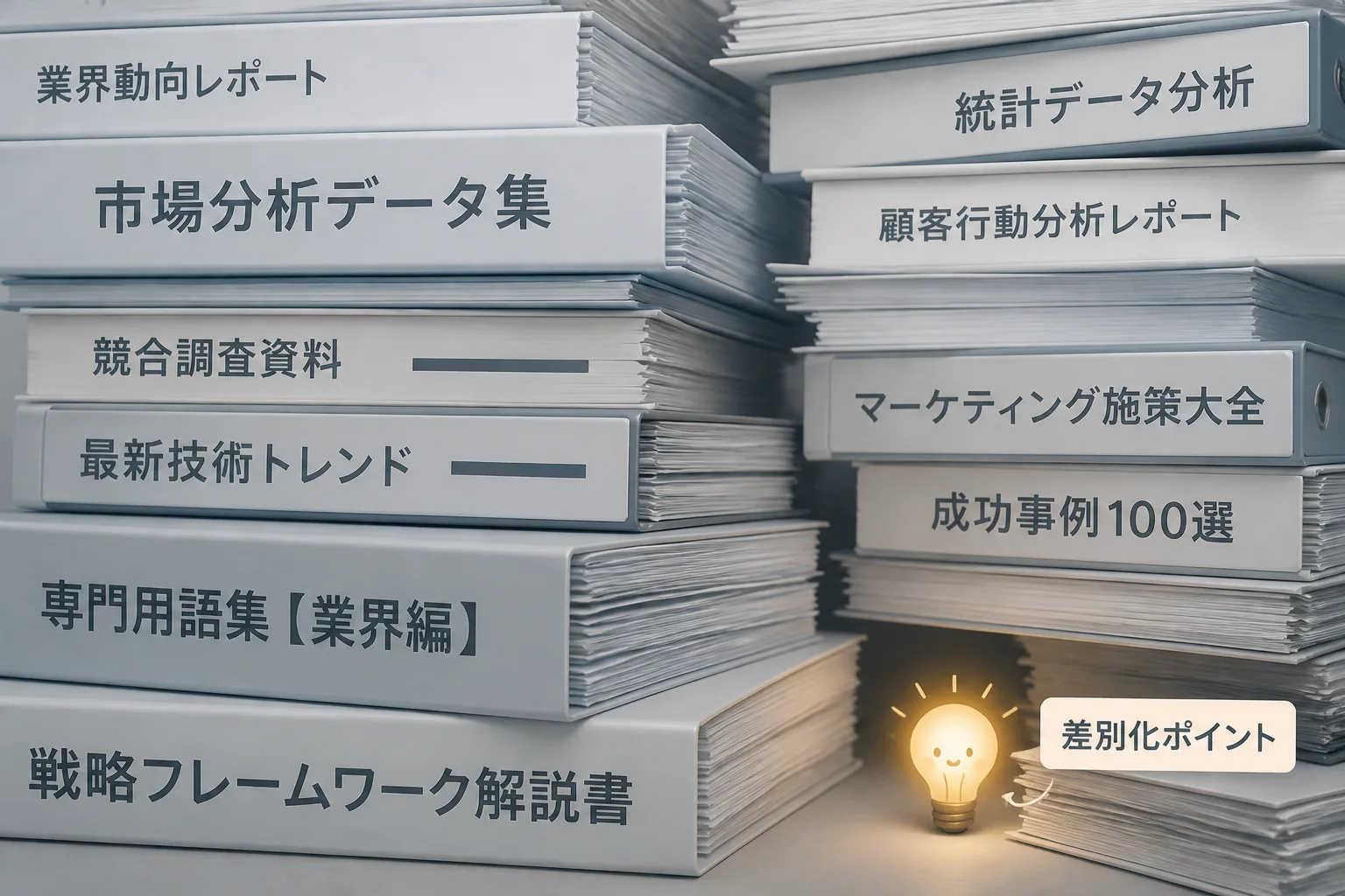 専門用語の多い資料の山に埋もれて差別化ポイントが目立たなくなっている様子を表すイラスト