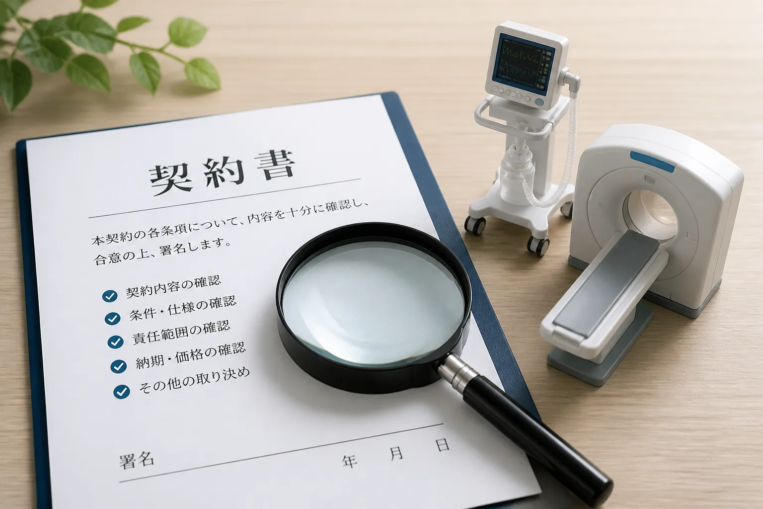 契約書と虫眼鏡、小さな医療機器の模型が机上に並び、薬機法を踏まえた契約内容の確認を示す情景。