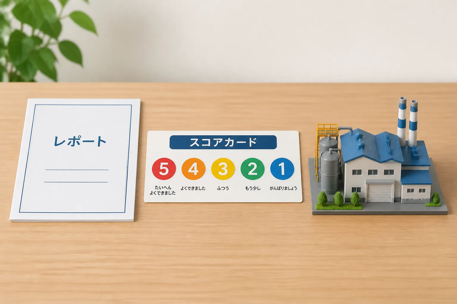 サステナビリティレポート作成支援・ESG格付け対応・サプライチェーン排出量算定という3つの案件タイプを、報告書冊子・評点スコアカード・工場模型で並べた比較図