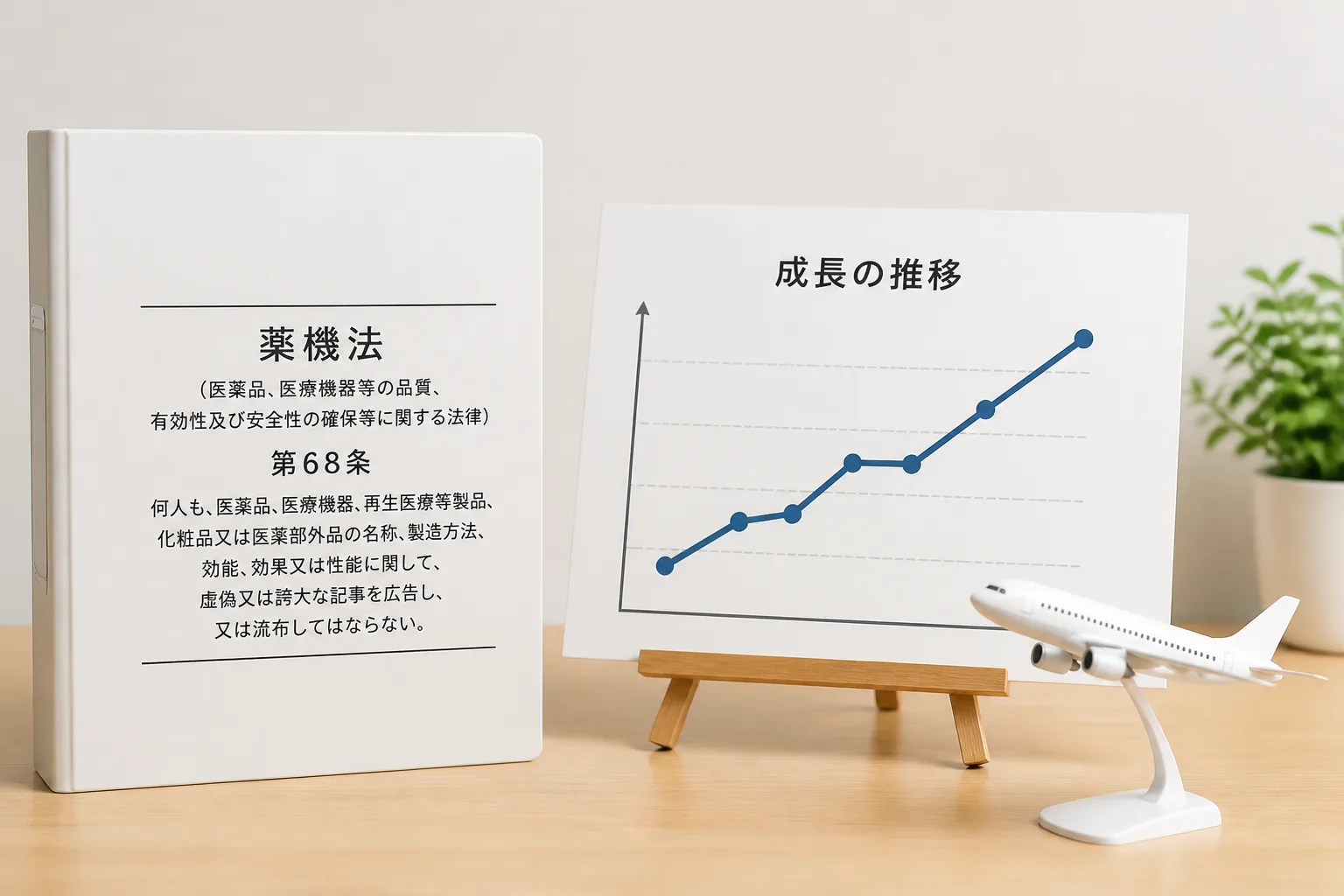 書類ファイルと折れ線グラフ、飛行機の模型が並ぶ机上の情景。化粧品業界における規制対応と海外需要の高まりを表すイメージ。