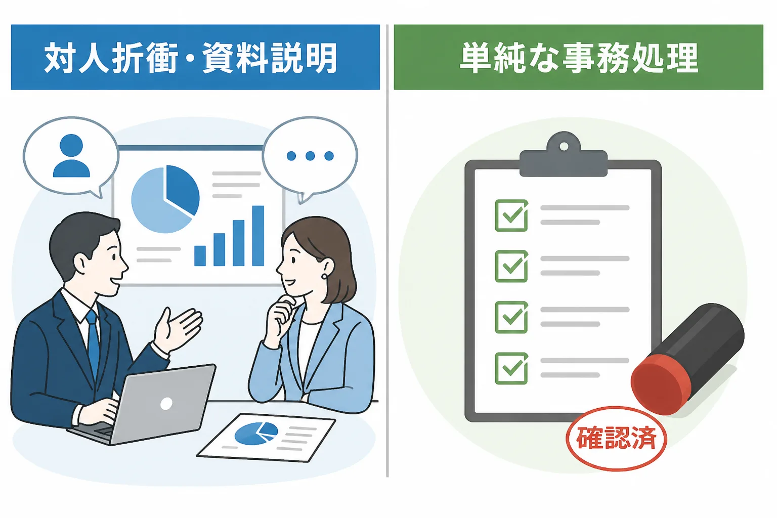 対人折衝・説明力を表すアイコンと、定型的な事務処理を表すアイコンを左右に並べた比較図