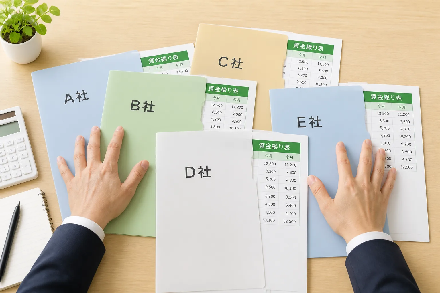 複数企業のクリアファイルが積み重なり資金繰り表がのぞく机、複数クライアントを並行管理する様子