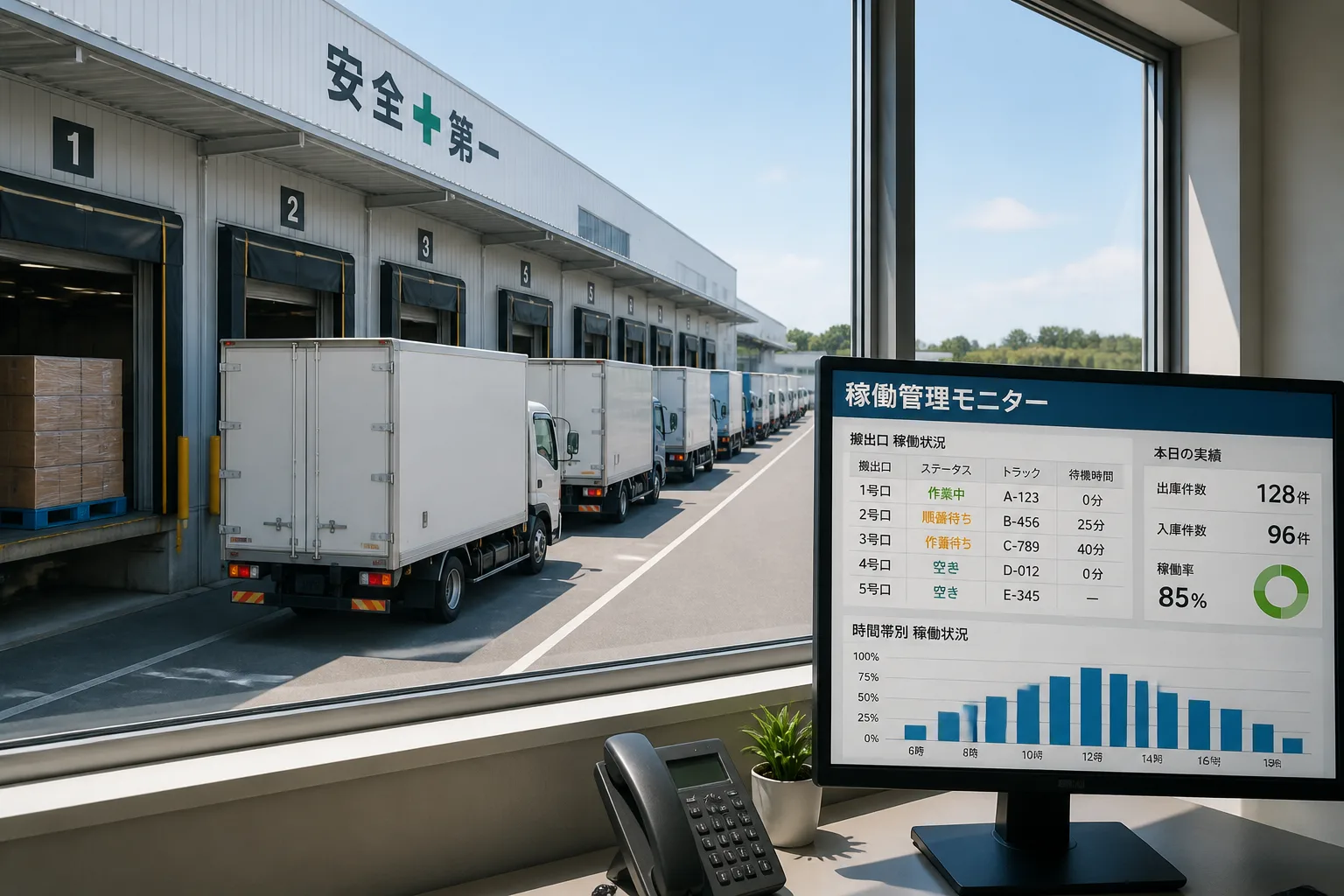 物流の2024年問題を背景にトラック待機列と稼働管理システムが並ぶ物流拠点のイメージ