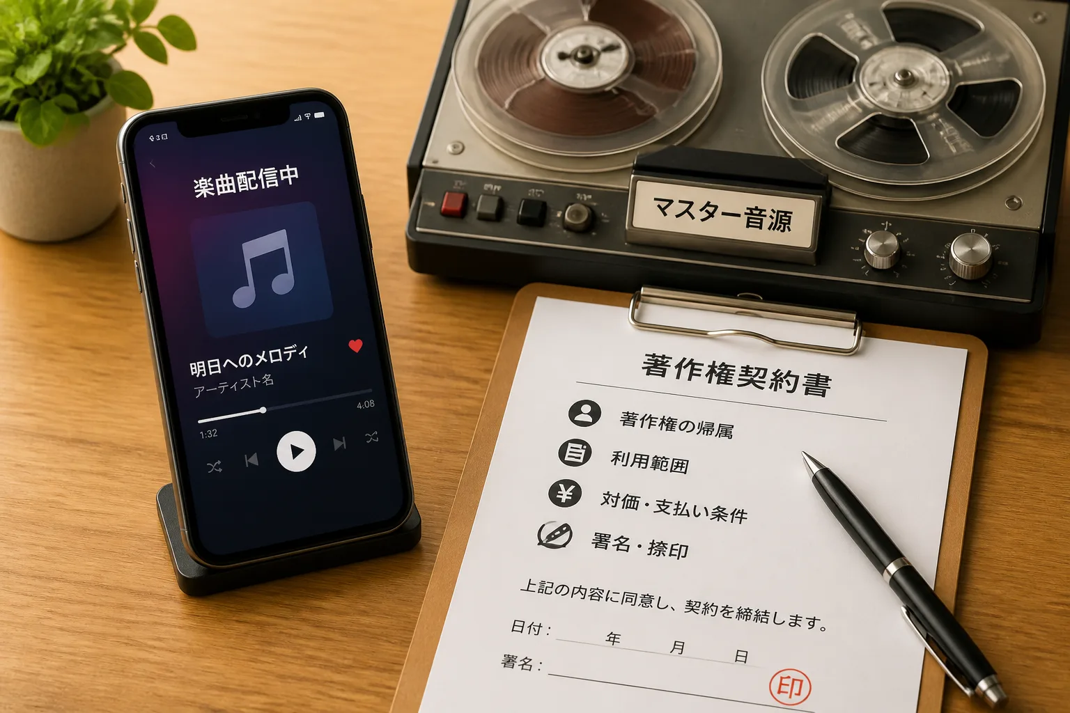 配信アプリの画面とマスター音源のテープリール、著作権契約書が並ぶ作業机の情景。音楽配信の収益構造の変化を表す図解。