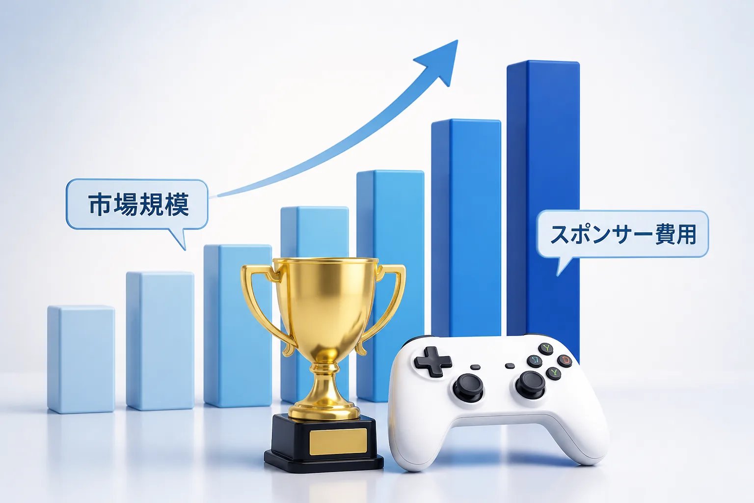 年々規模が拡大する棒グラフと、市場規模・スポンサー費用のラベルを示した図解