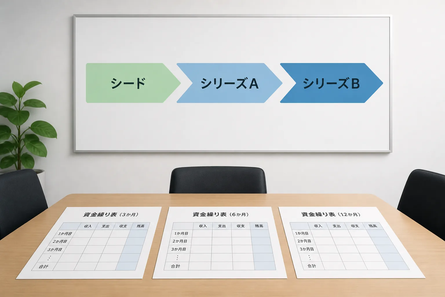 資金調達ステージの流れを示すホワイトボードと資金繰り資料のイメージ図
