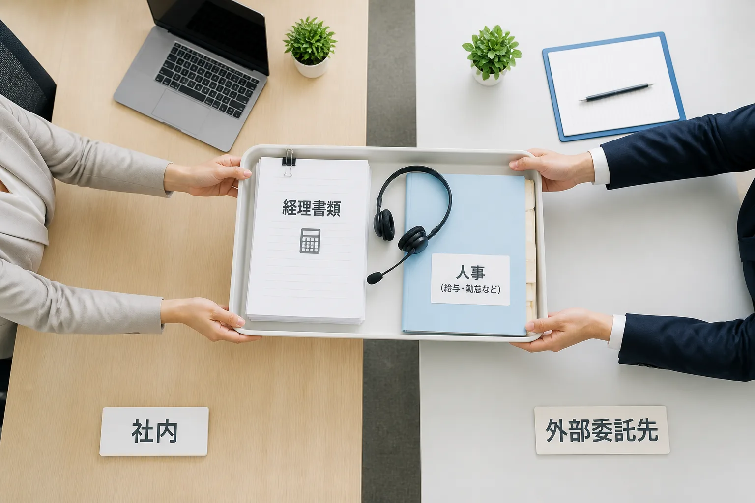 経理書類やヘッドセット、人事ファイルが社内デスクから外部の委託先デスクへ手渡しされている様子