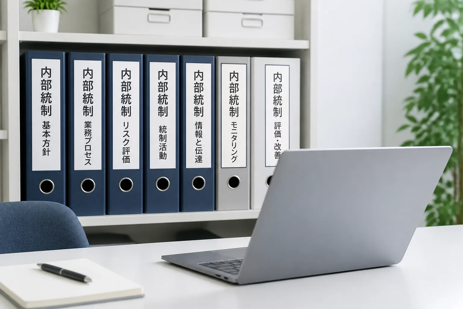内部統制関連の書類が並ぶファイル棚とノートパソコンが置かれたオフィスの様子