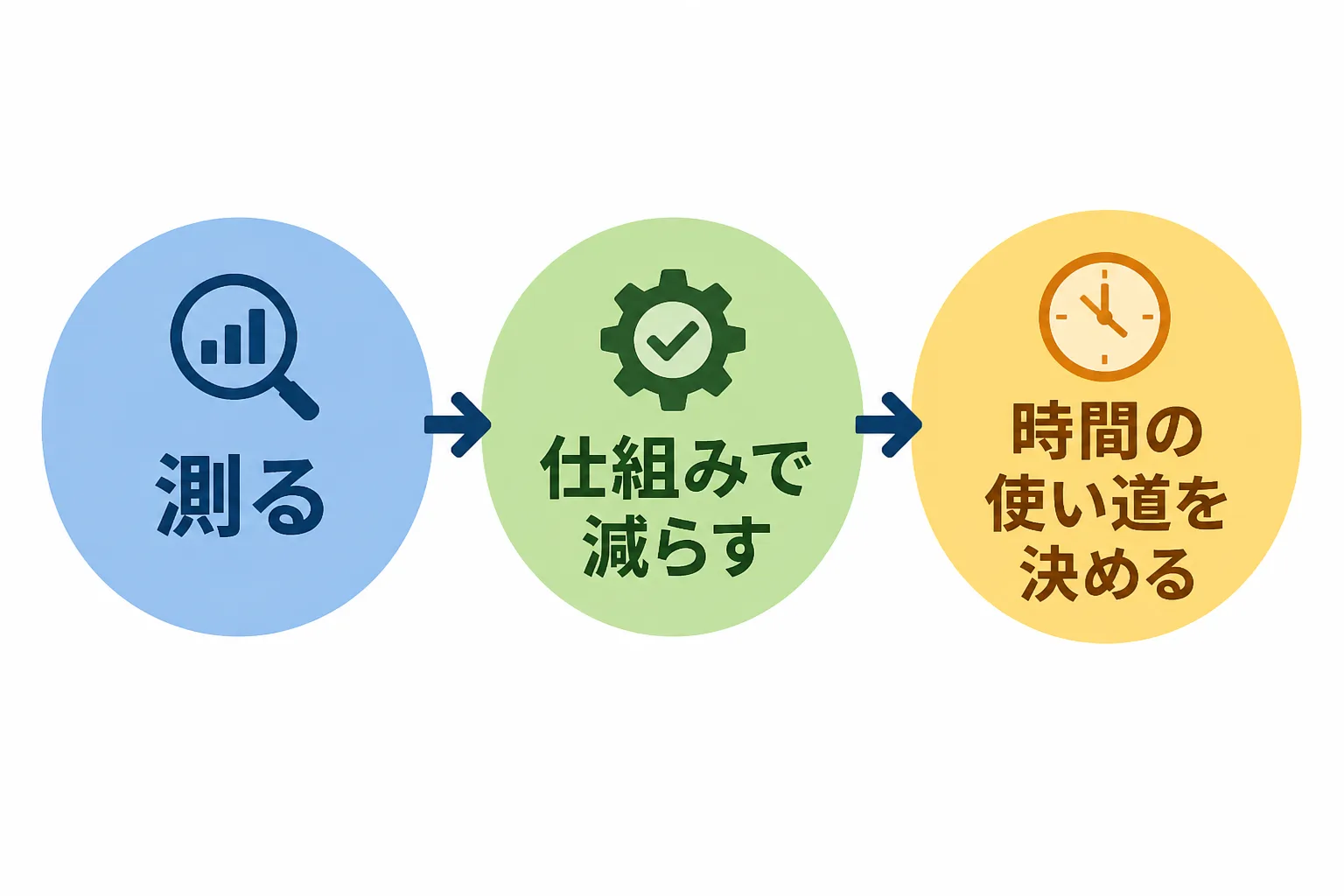 成果が出た企業の3つの共通点（測る・仕組みで減らす・時間の使い道を決める）を丸と矢印で示した図