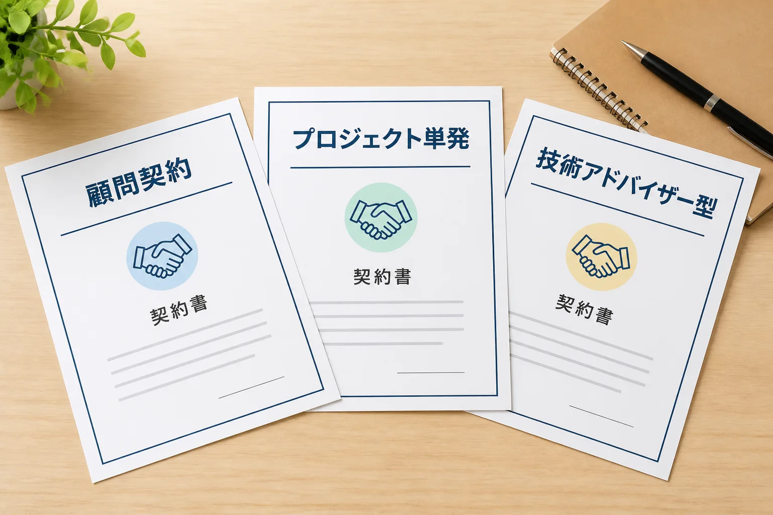 顧問契約・プロジェクト単発・技術アドバイザー型の3種類の契約書が机に並ぶ比較イメージ。