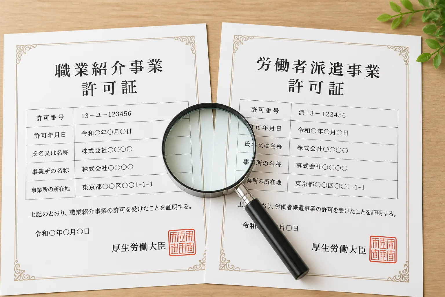 2種類の許可証を思わせる書類の上に虫眼鏡が置かれ、許認可実務を確認する様子を表した図。エージェント選びで許認可への理解度を見極めるポイントであることを示す。