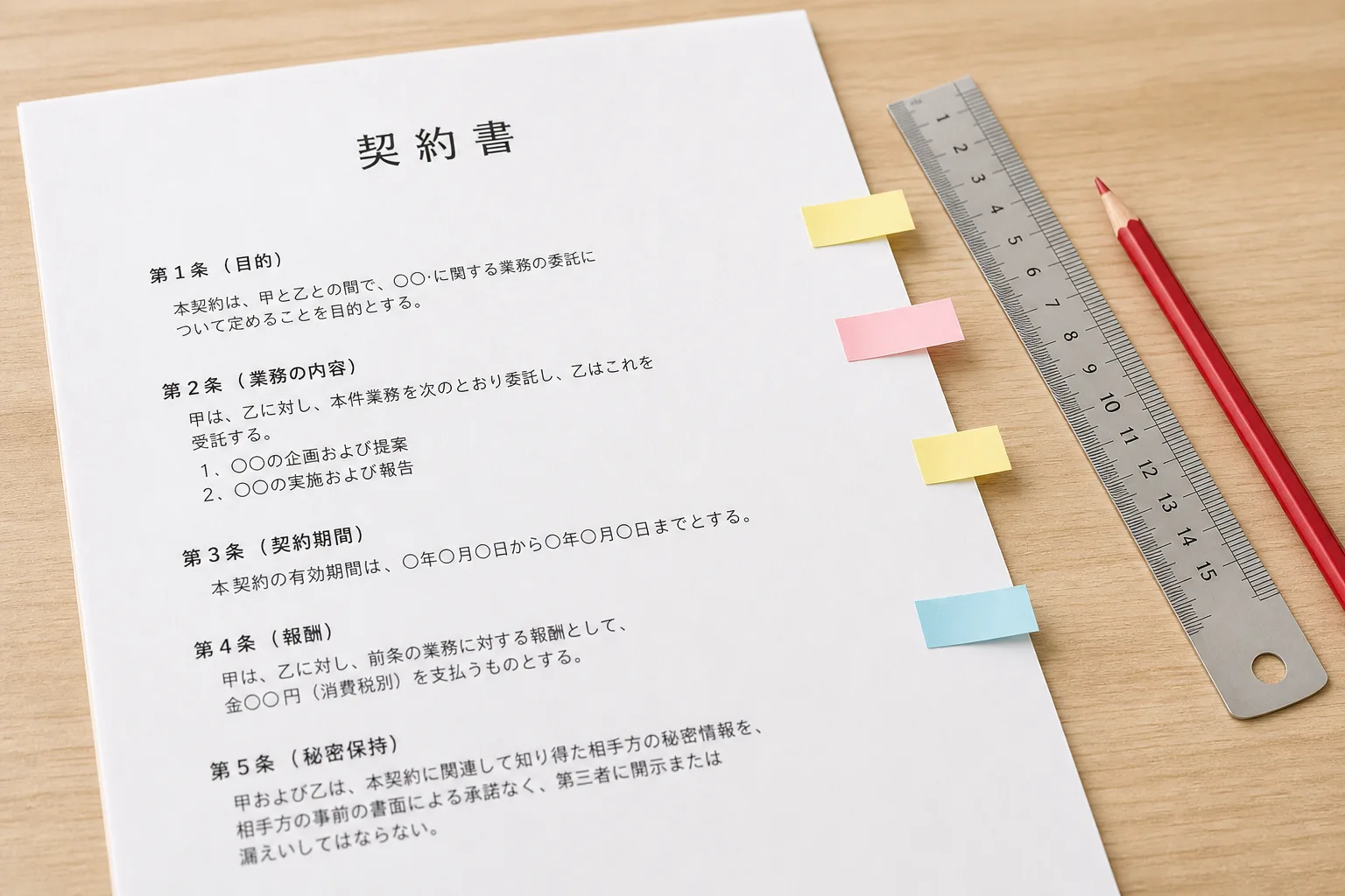 契約書の一部の条文にだけ付箋が貼られ、定規と赤鉛筆が添えられている様子。独占業務との線引きを見極めるイメージ