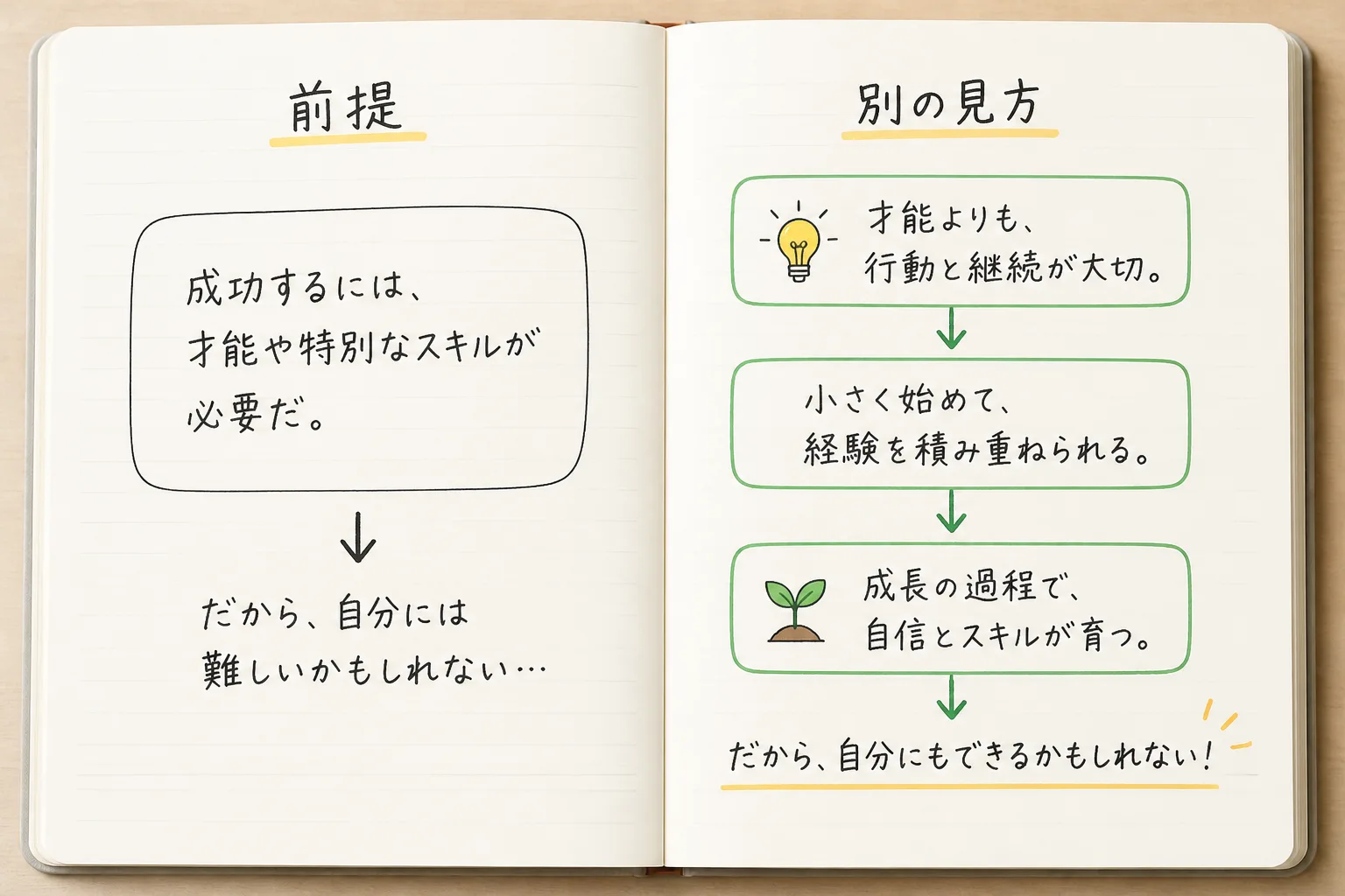 ノートの左ページに前提、右ページに別の見方を書き出して比較する、水平思考のトレーニング方法を示す図解