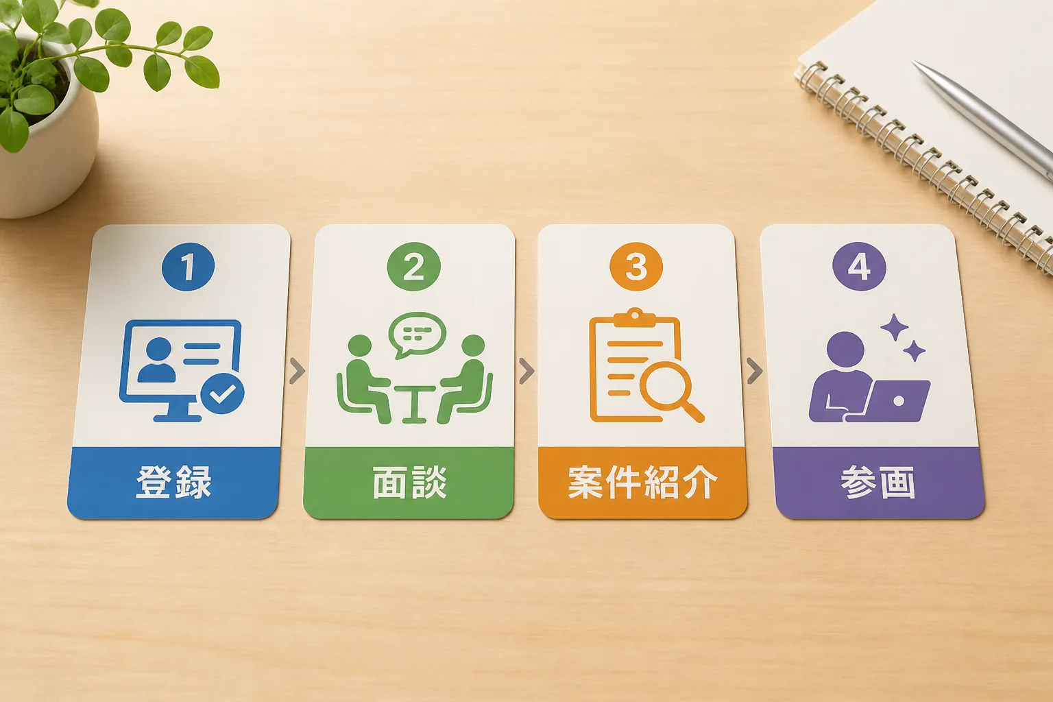 登録から面談・案件紹介・参画までの4ステップを示す工程図。