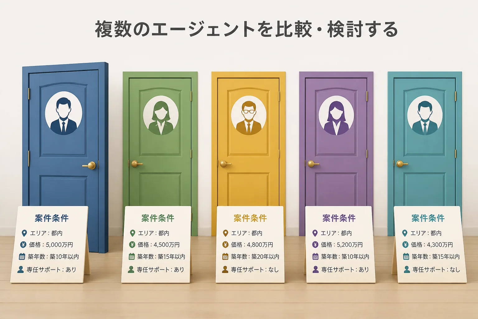 横一列に並ぶ複数の扉とその前の案件条件を示す札。複数のフリーランスエージェントを比較する様子を表す図解