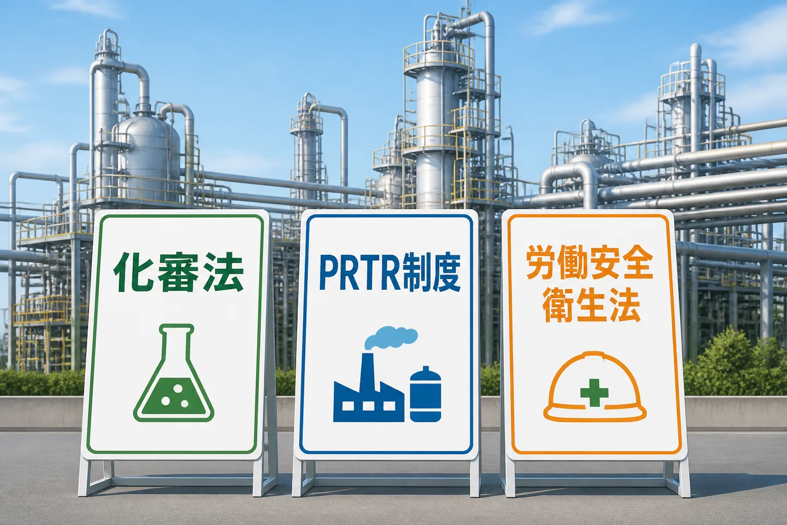 化審法・PRTR制度・労働安全衛生法という3つの規制看板と化学プラントの配管を描いた図解。化学業界の規制対応の全体像を表す。