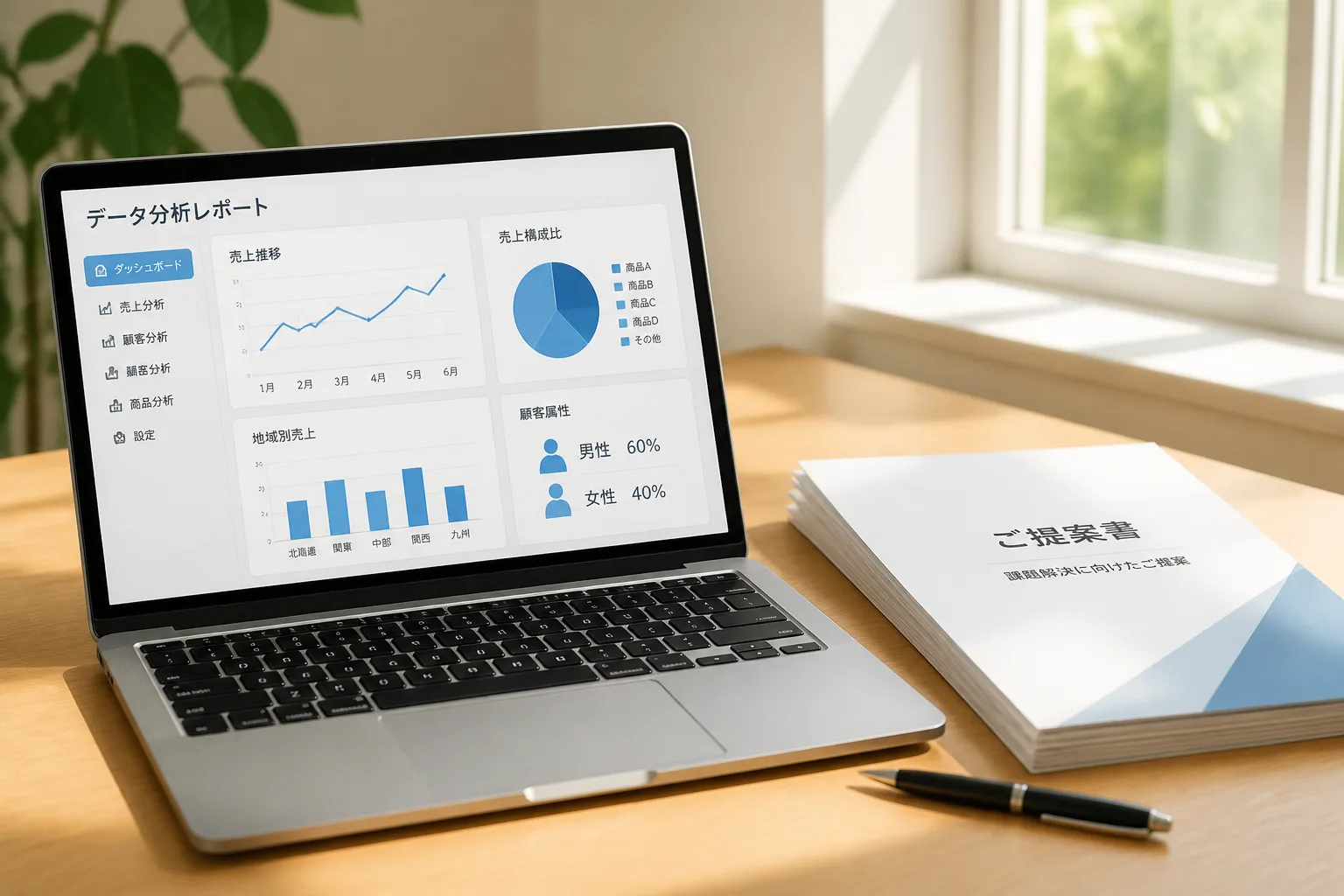 分析結果をまとめた提案書とノートパソコンが置かれた机の情景