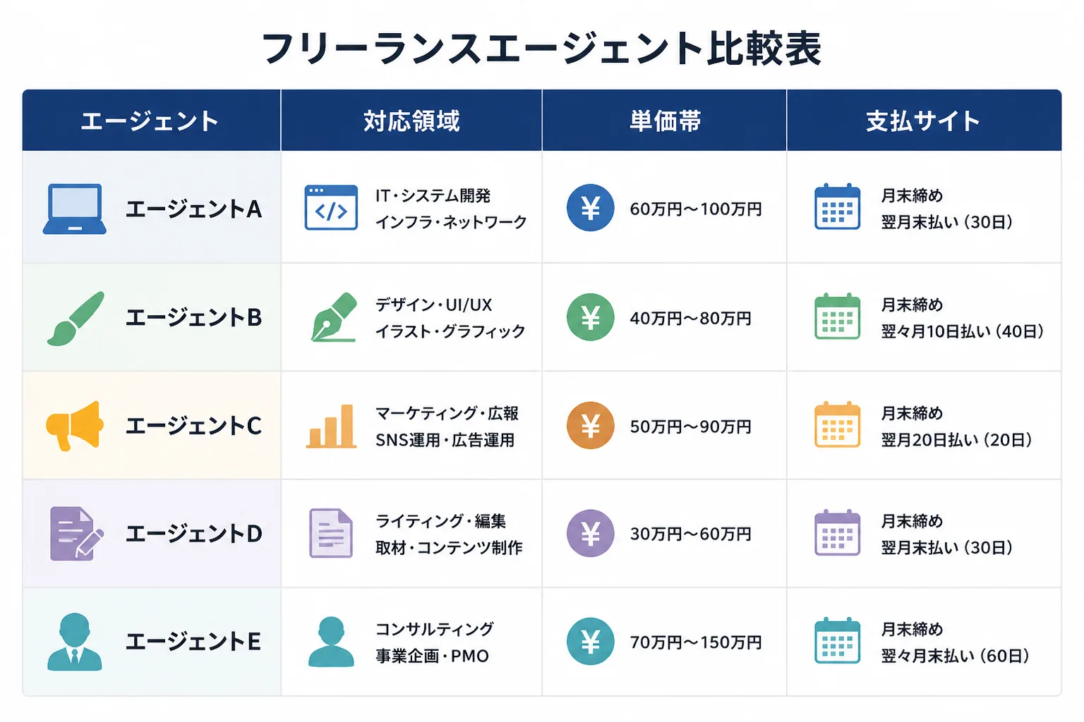 フリーランスエージェント各社を対応領域・単価帯・支払サイトで比較する表のイメージ