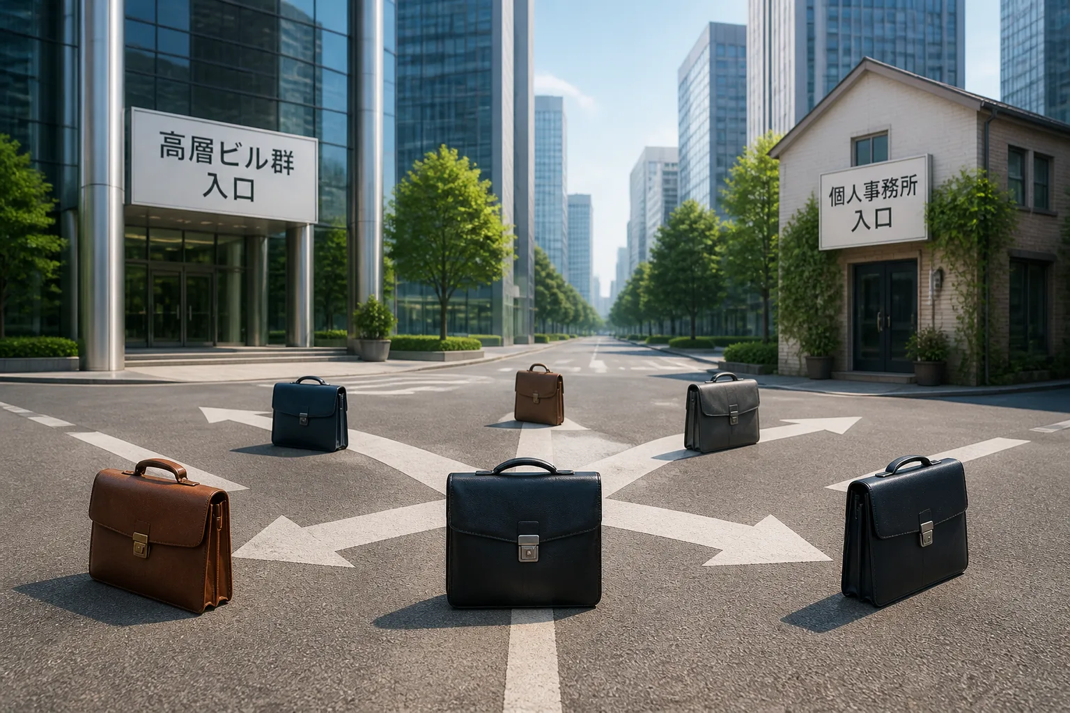 複数のビジネスバッグが交差点でそれぞれ異なる方向を向き、事業会社への転職と独立という進路の分岐を表す図解