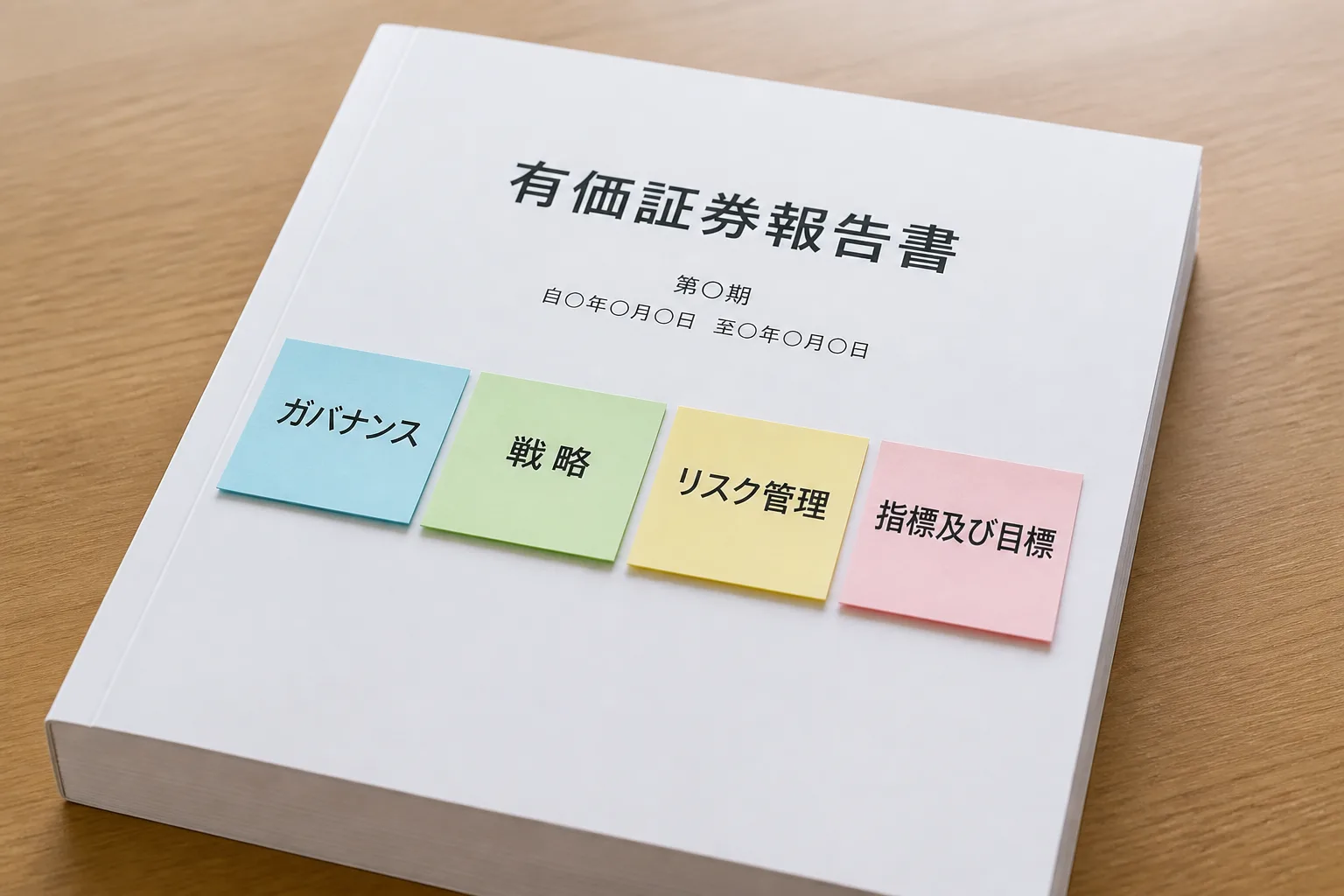 有価証券報告書の冊子の上にガバナンス・戦略・リスク管理・指標及び目標の4領域を示す付箋が並ぶ図解