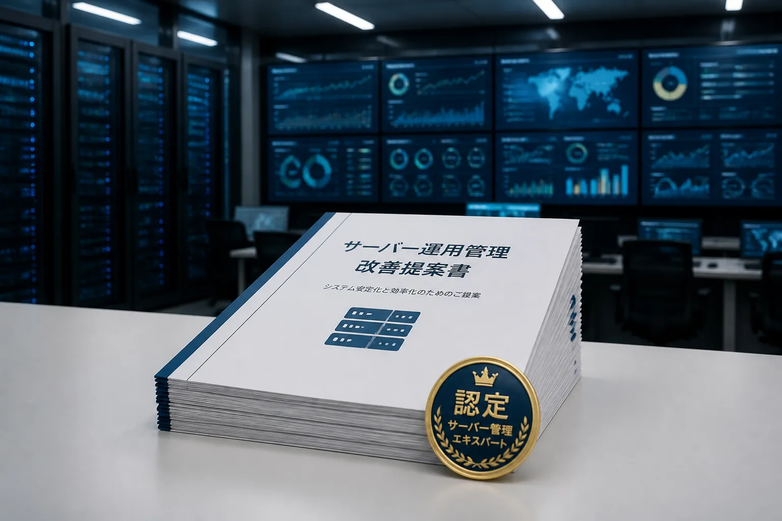 大規模なIT運用管理モニターの前に認定バッジを添えた提案資料が置かれている情景を表したイメージ