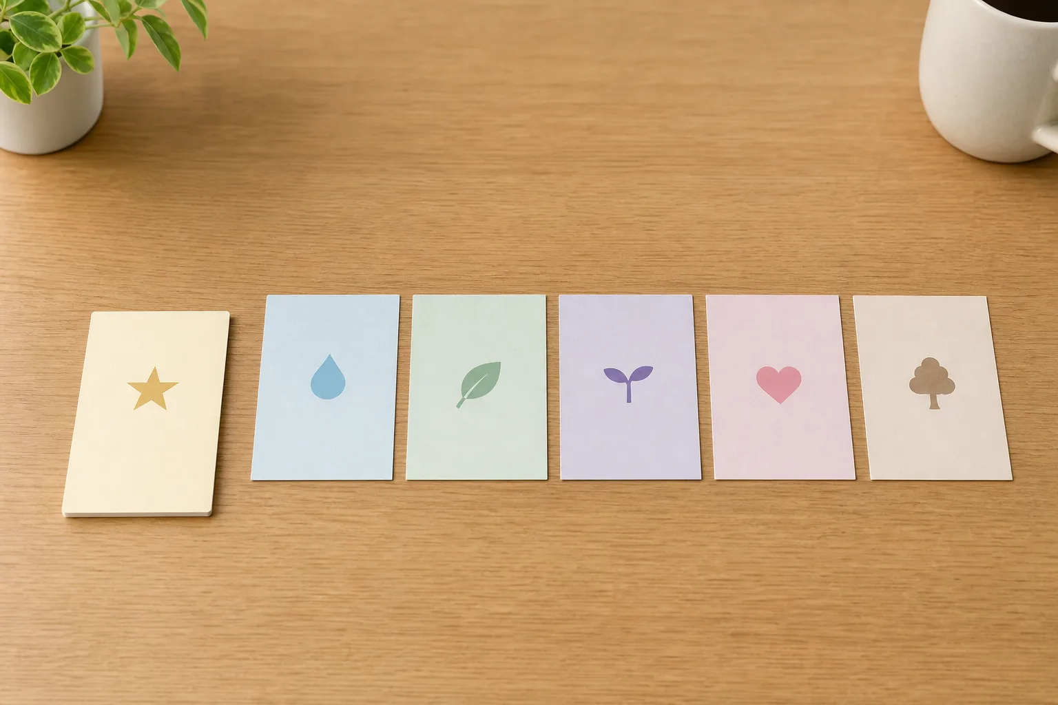 横一列に並んだ6枚のカード。1枚だけ手前にせり出しており、比較表で最初に扱う対象を示す