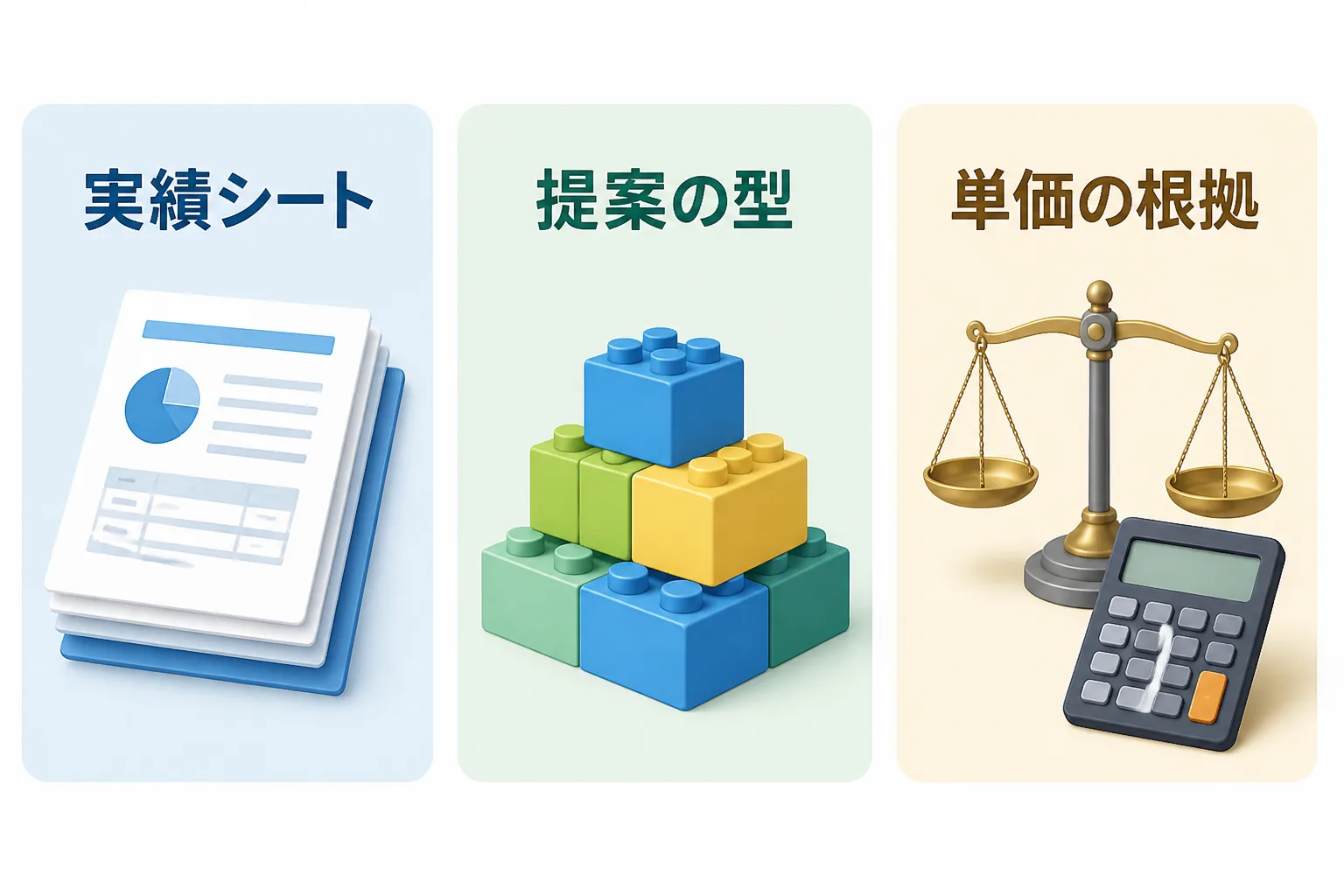 実績シート、提案の型、単価の根拠という商談前に用意する3点を並べた図解。