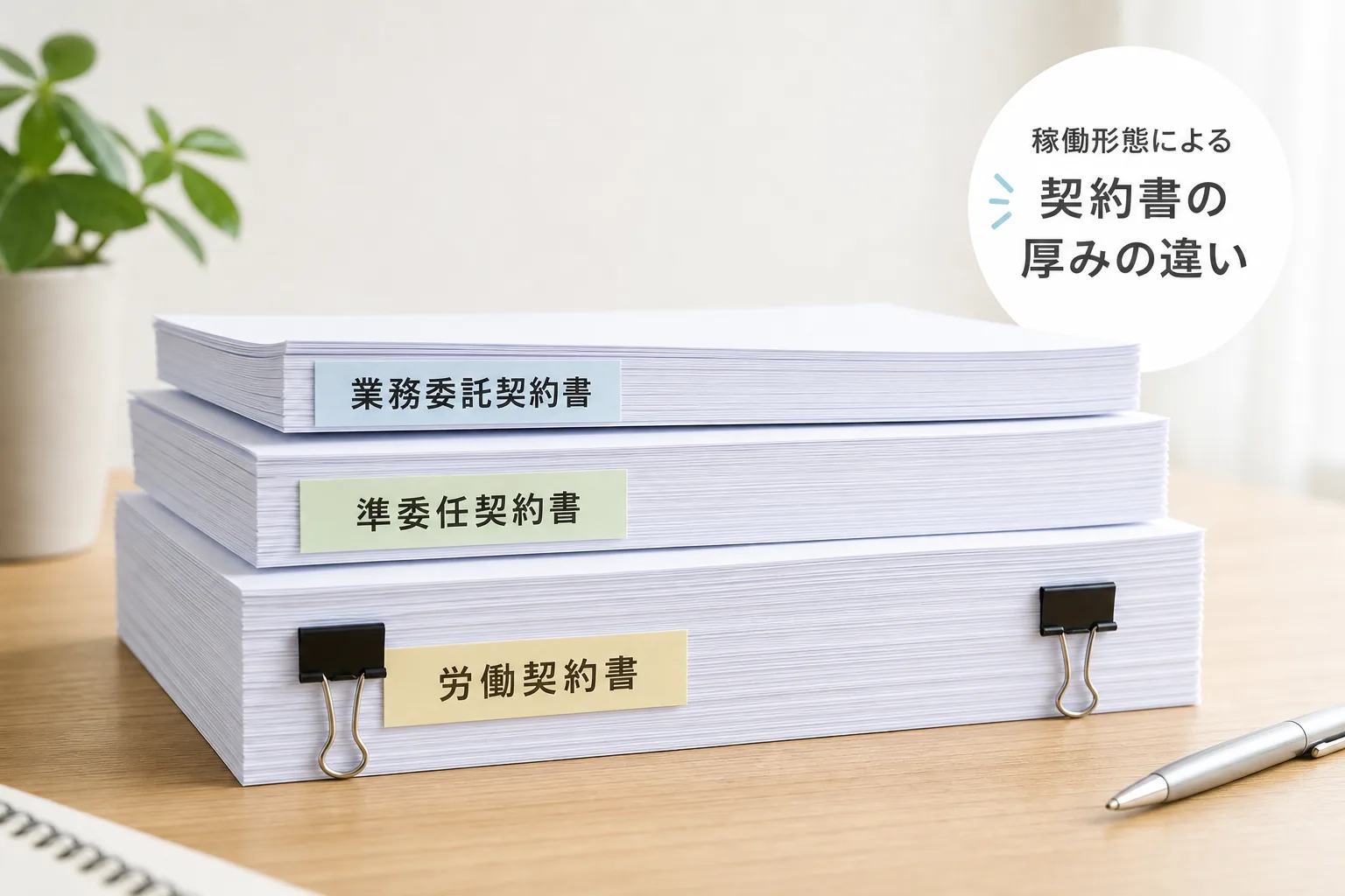 厚みの異なる契約書の束が3種類机に積まれ、いちばん厚い束にだけクリップが2つ留められている