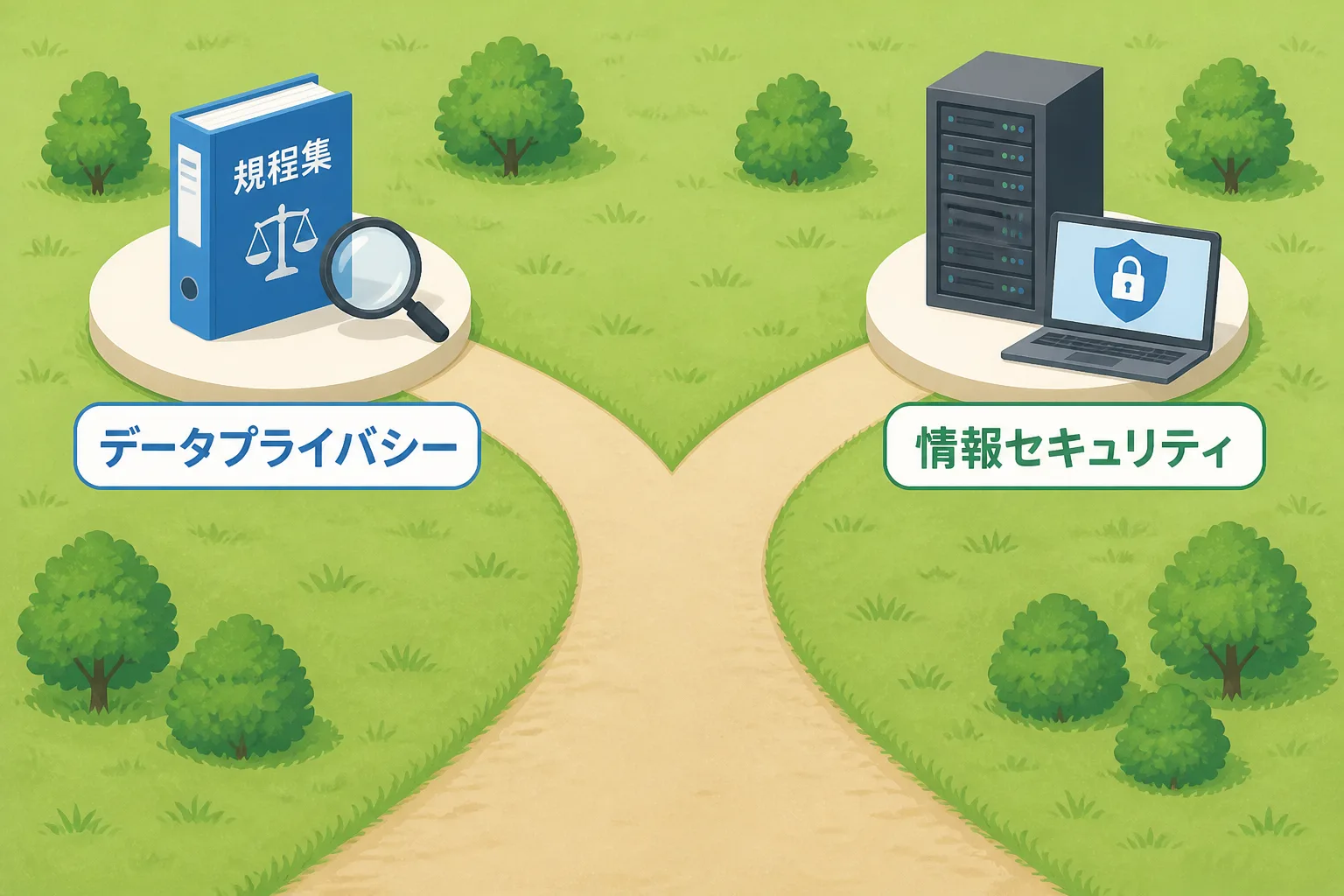 分岐点から伸びる2本の道の先に、それぞれ規程集のファイルとサーバーラックが置かれた図解。データプライバシーと情報セキュリティ、2つのキャリアの分岐を示す