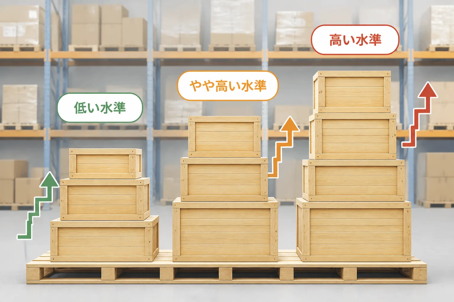 経験年数や専門領域によって積み上がる単価水準の違いを、高さの異なる木箱の山で示す図解