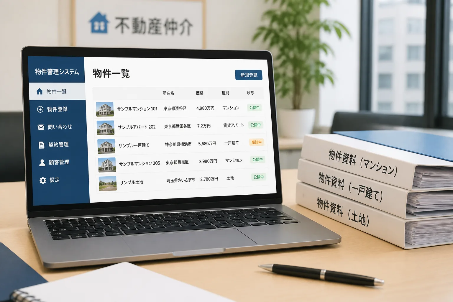 不動産仲介会社のデスクでノートパソコンに物件管理システムの一覧が表示され、隣に資料ファイルが積まれている情景（DXツール導入検討のイメージ）