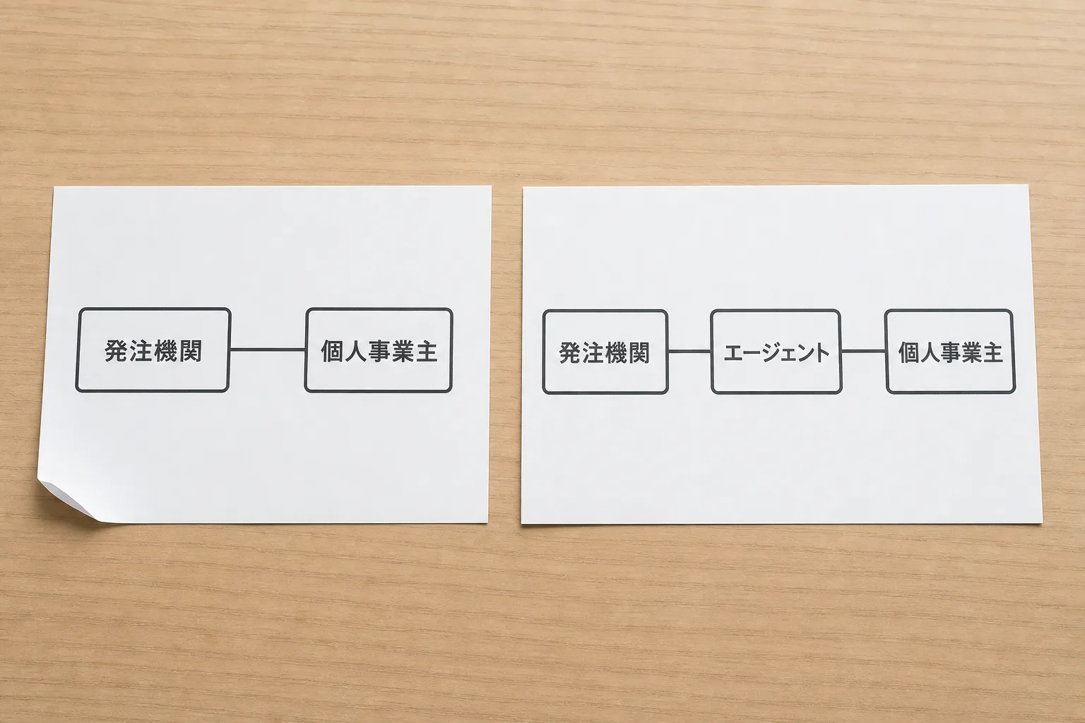 官公庁との直接契約(2者間)とエージェント経由の契約(3者間)の構造の違いを示す比較図