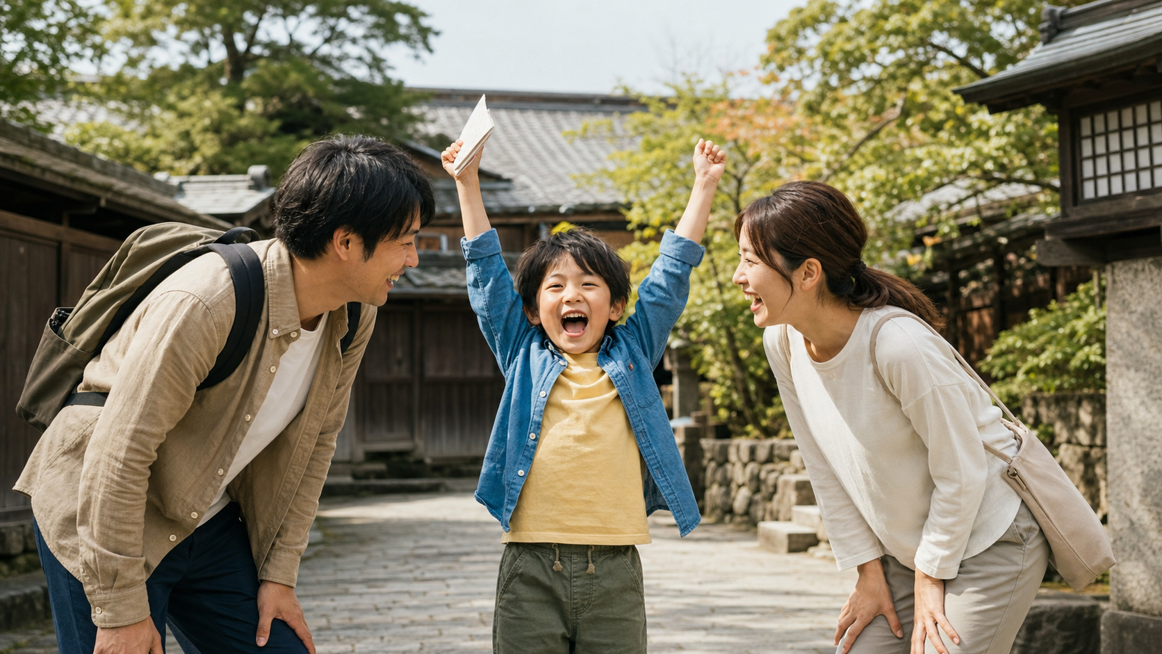 歴史ある町を巡り、手がかりの発見を喜ぶ親子の生成イメージ