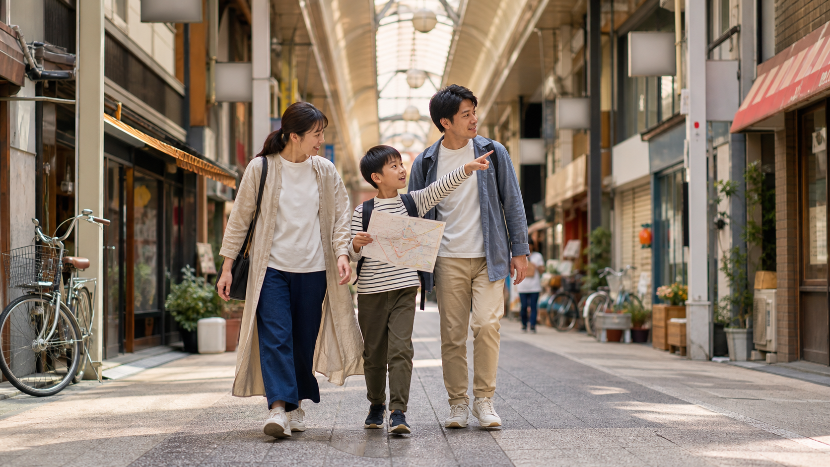 商店街を巡る親子の生成イメージ