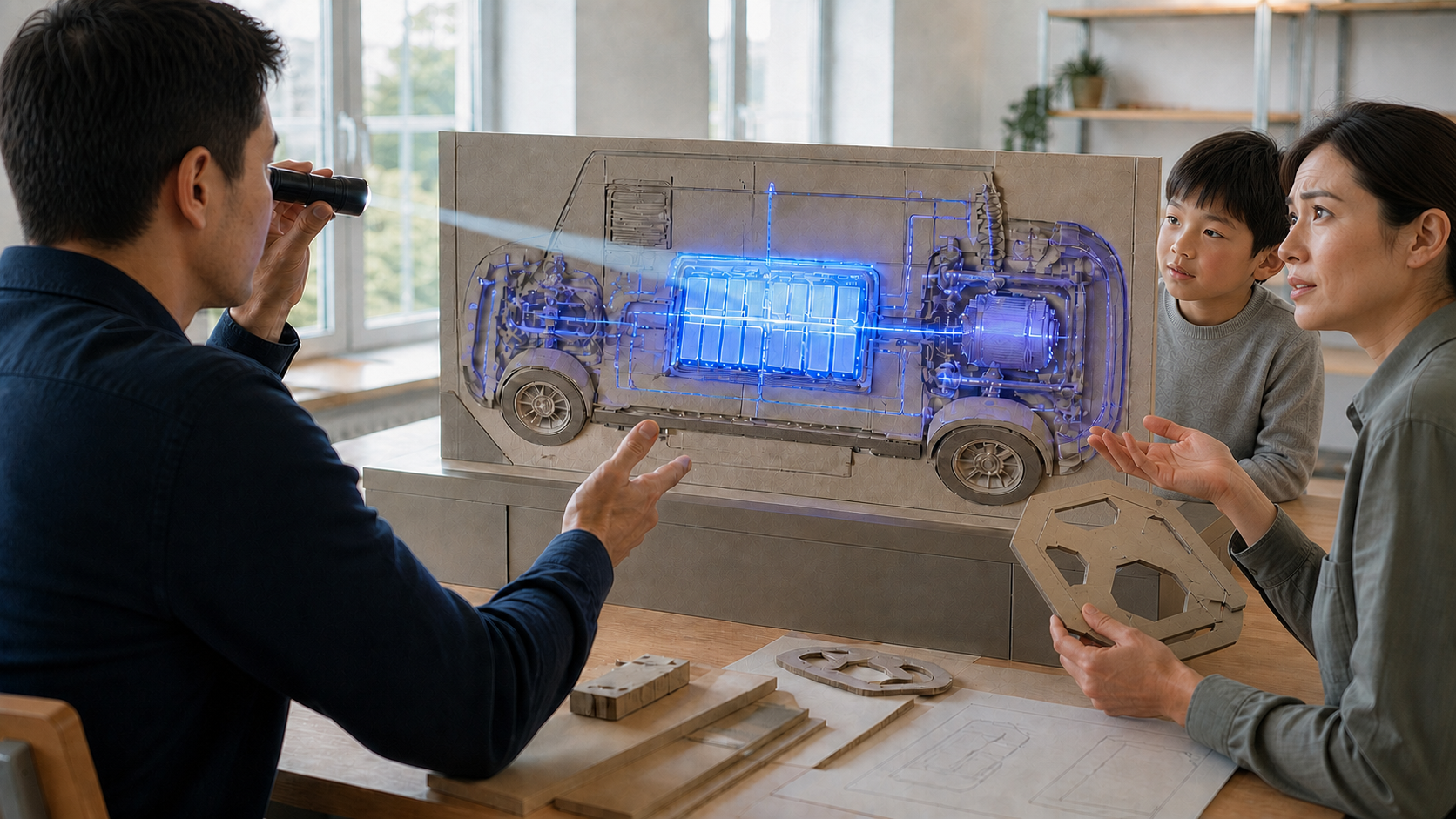 車を題材に、光で内部構造を発見する展示体験のコンセプトイメージ