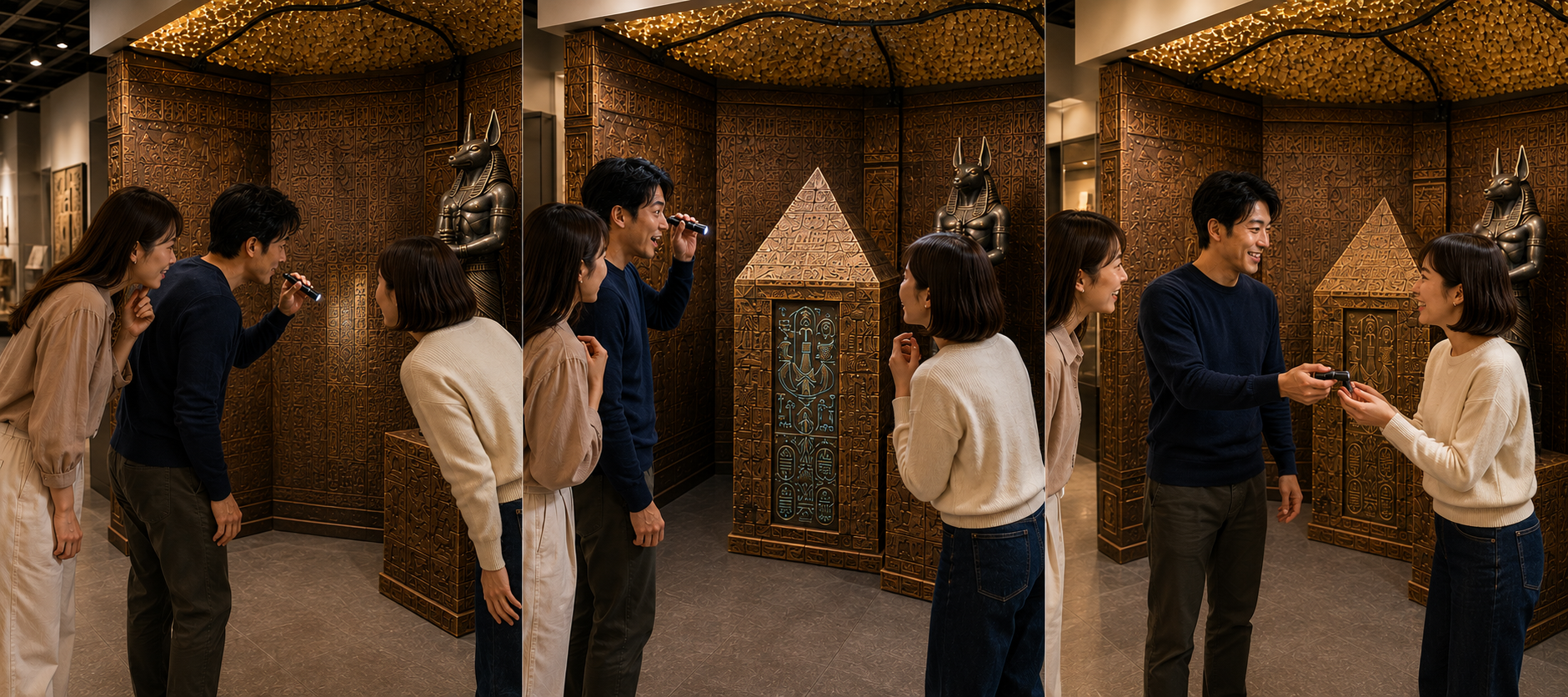 ライトを手に、展示を一緒に探す三人の生成イメージ