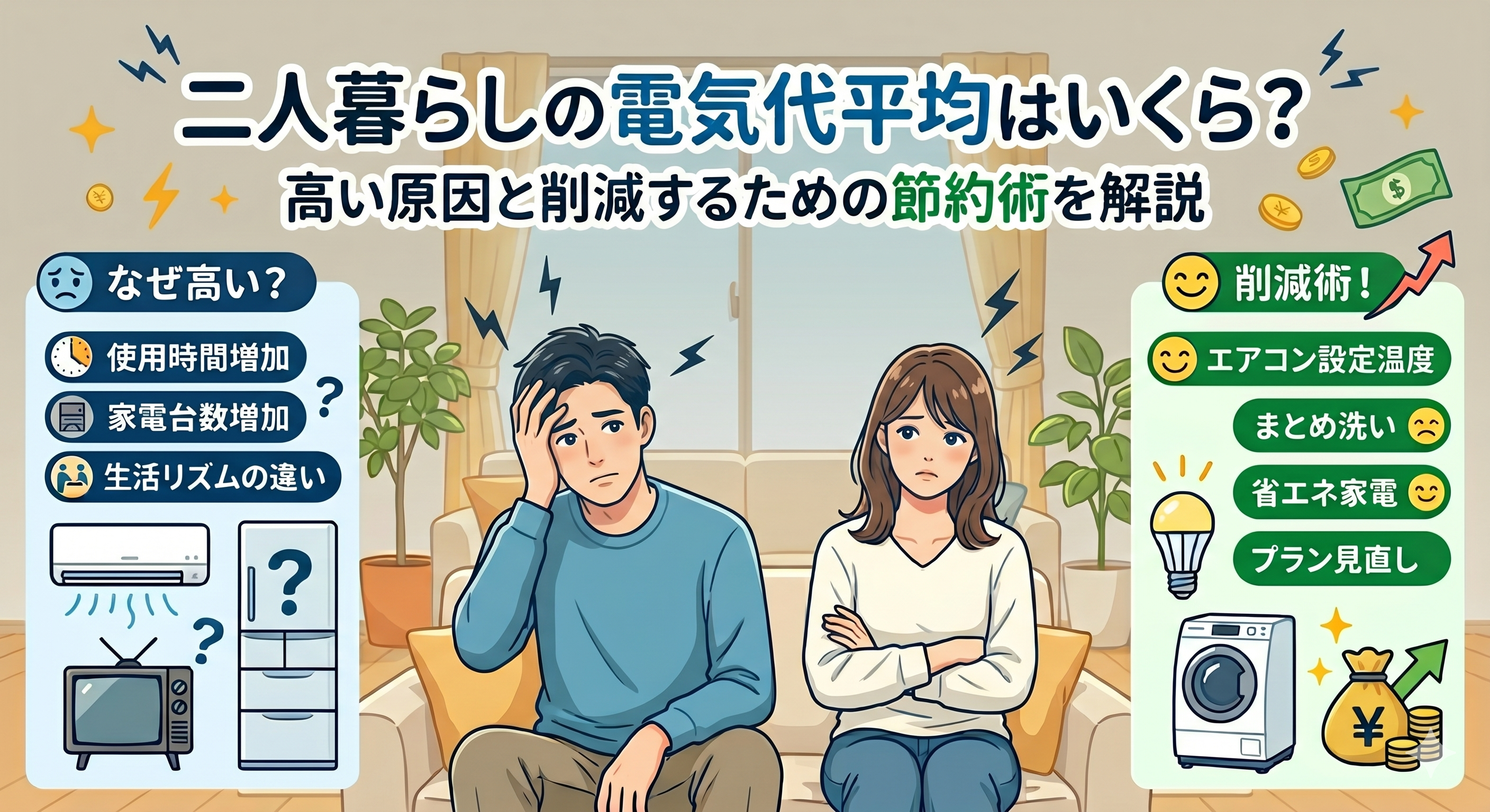 二人暮らしの電気代平均はいくら？高い原因と削減するための節約術を 