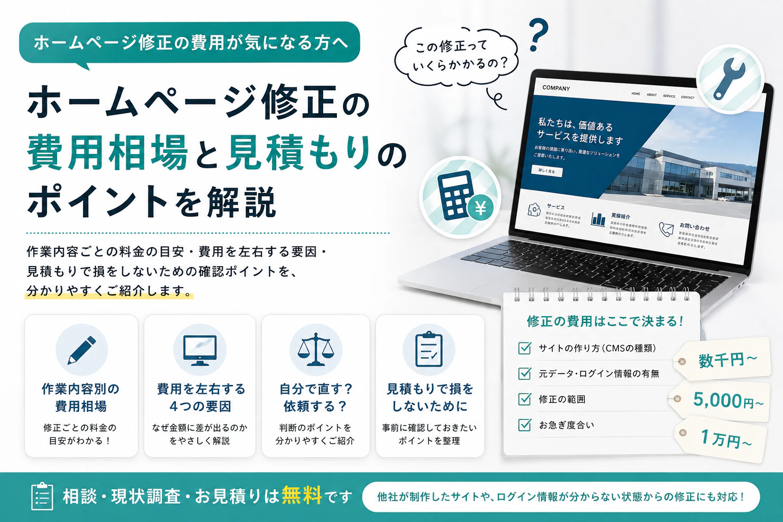 ホームページ修正の費用相場｜作業内容別の料金と、見積もりで損しないための確認ポイントサムネイル画像