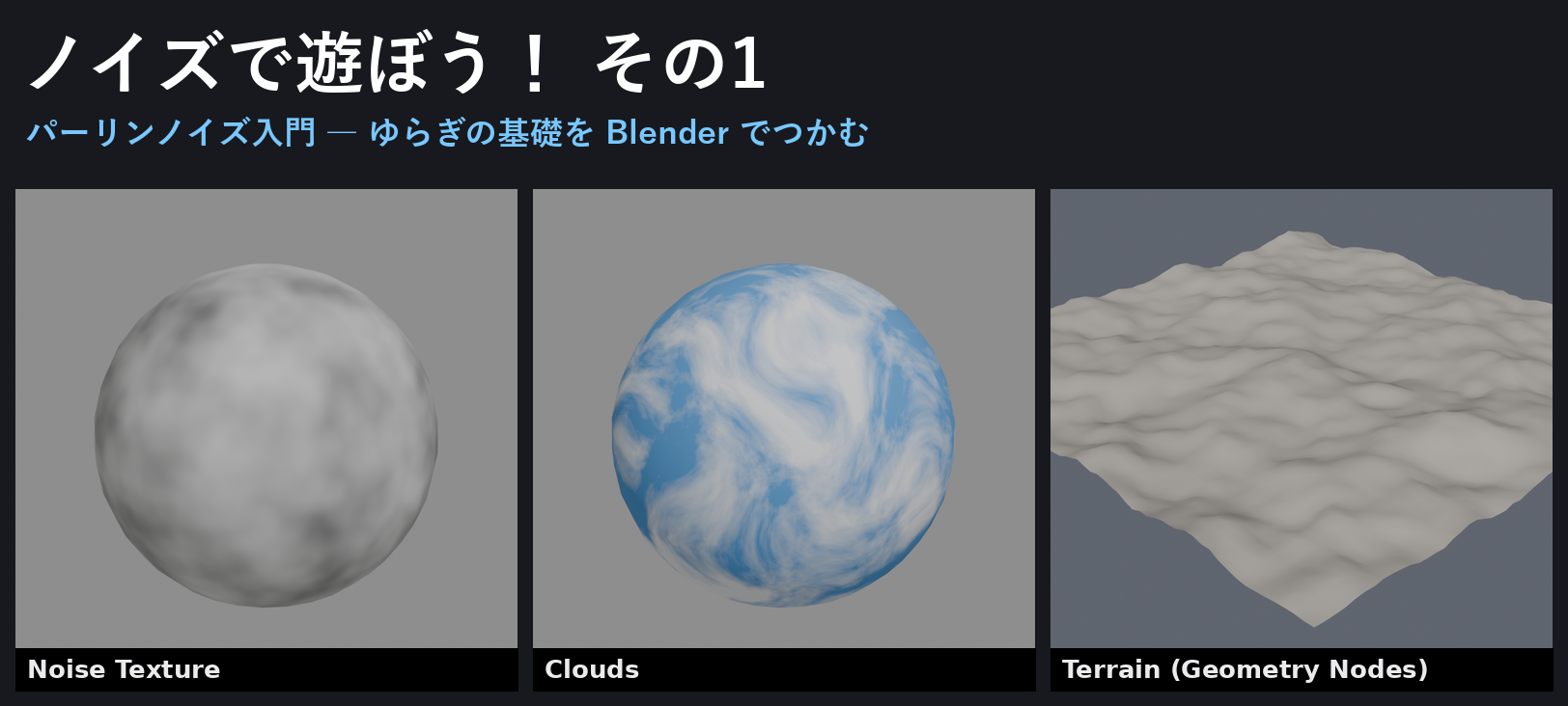 ノイズで遊ぼう！その1 完成イメージ。グレースケールのパーリンノイズ球、雲の惑星、ノイズで起伏させた地形の3点