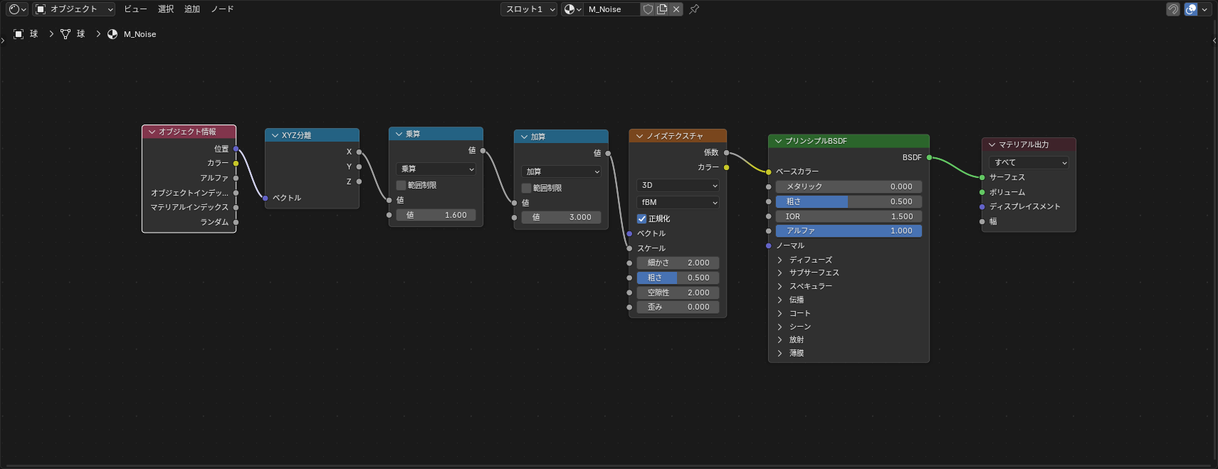 オブジェクト情報の位置→XYZ分離→乗算→加算→ノイズテクスチャのスケールにつなぐノード構成