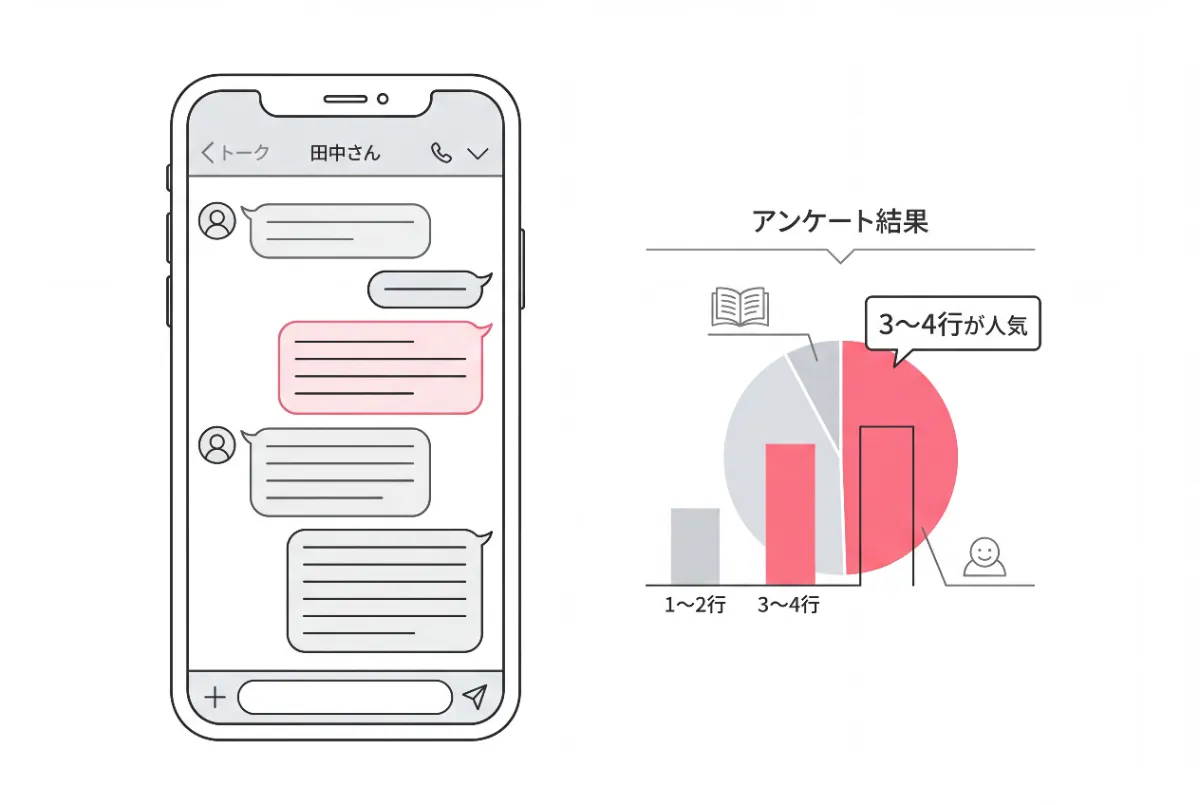 あるアンケートによると、LINEの文章は「3〜4行の程よい長さ」を好む人が多いことがわかっている
