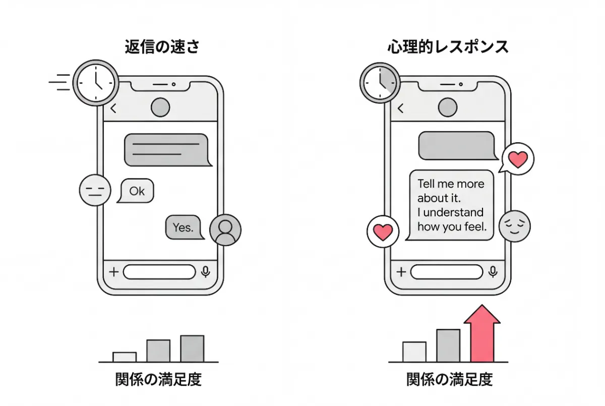 最新の研究によると、返信の速さそのものより「返信の内容から伝わる心理的なレスポンス」のほうが、関係の満足度に強く関わる