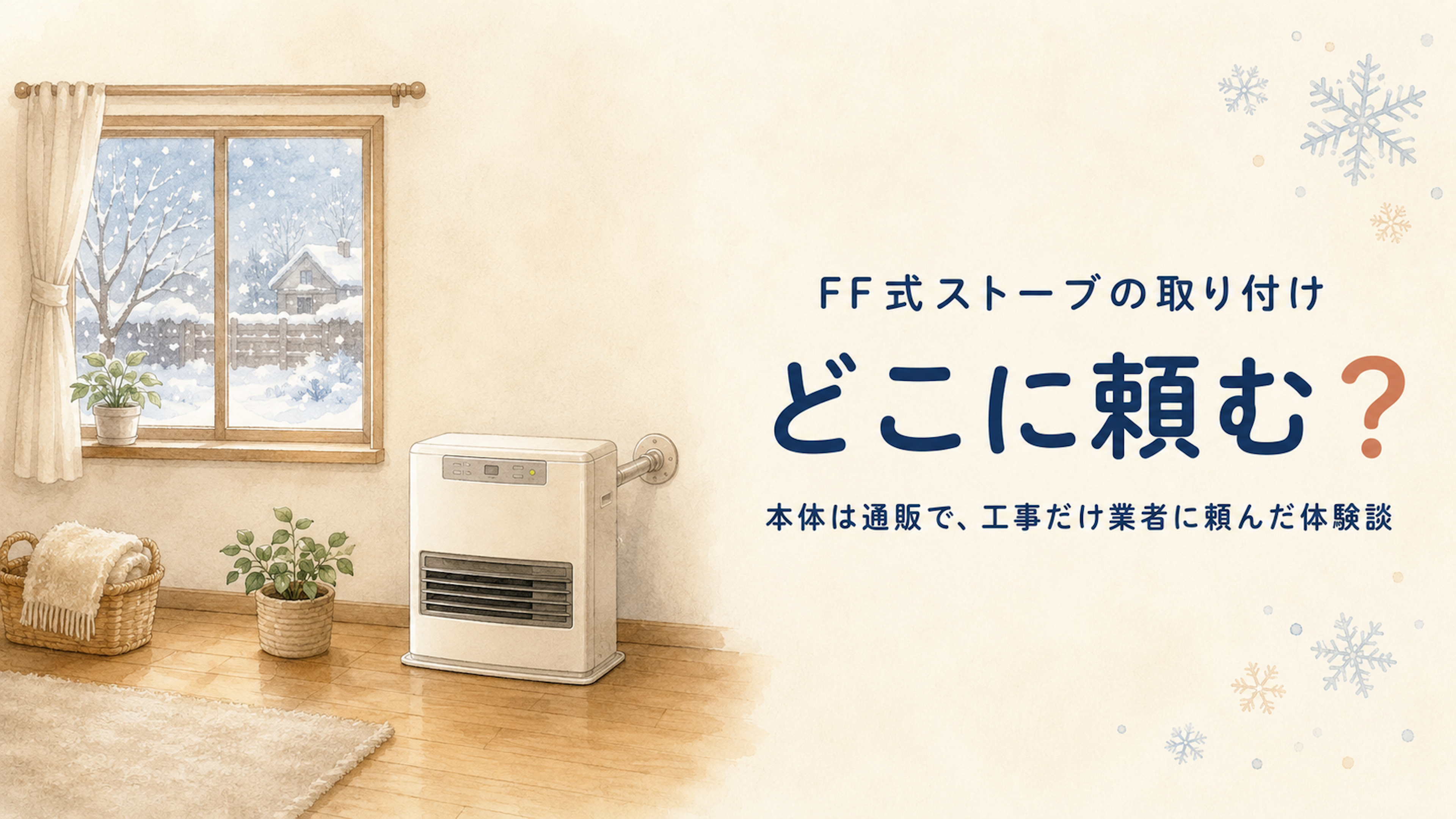 FF式ストーブ（温風式）が雪景色の窓辺に置かれた部屋のイラスト
