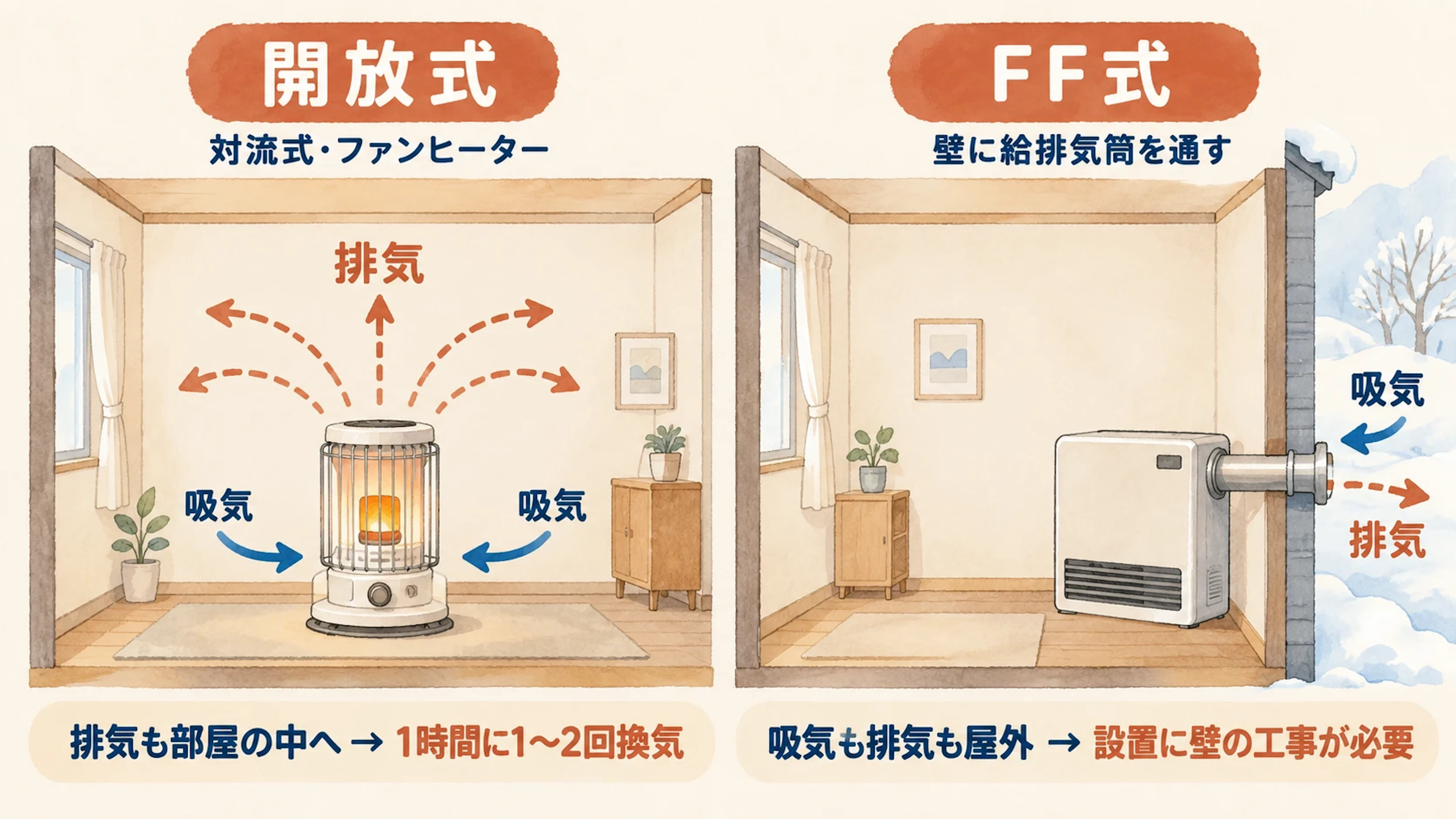 開放式は排気も部屋の中へ出るので1時間に1〜2回換気。FF式は吸気も排気も屋外で、設置に壁の工事が必要