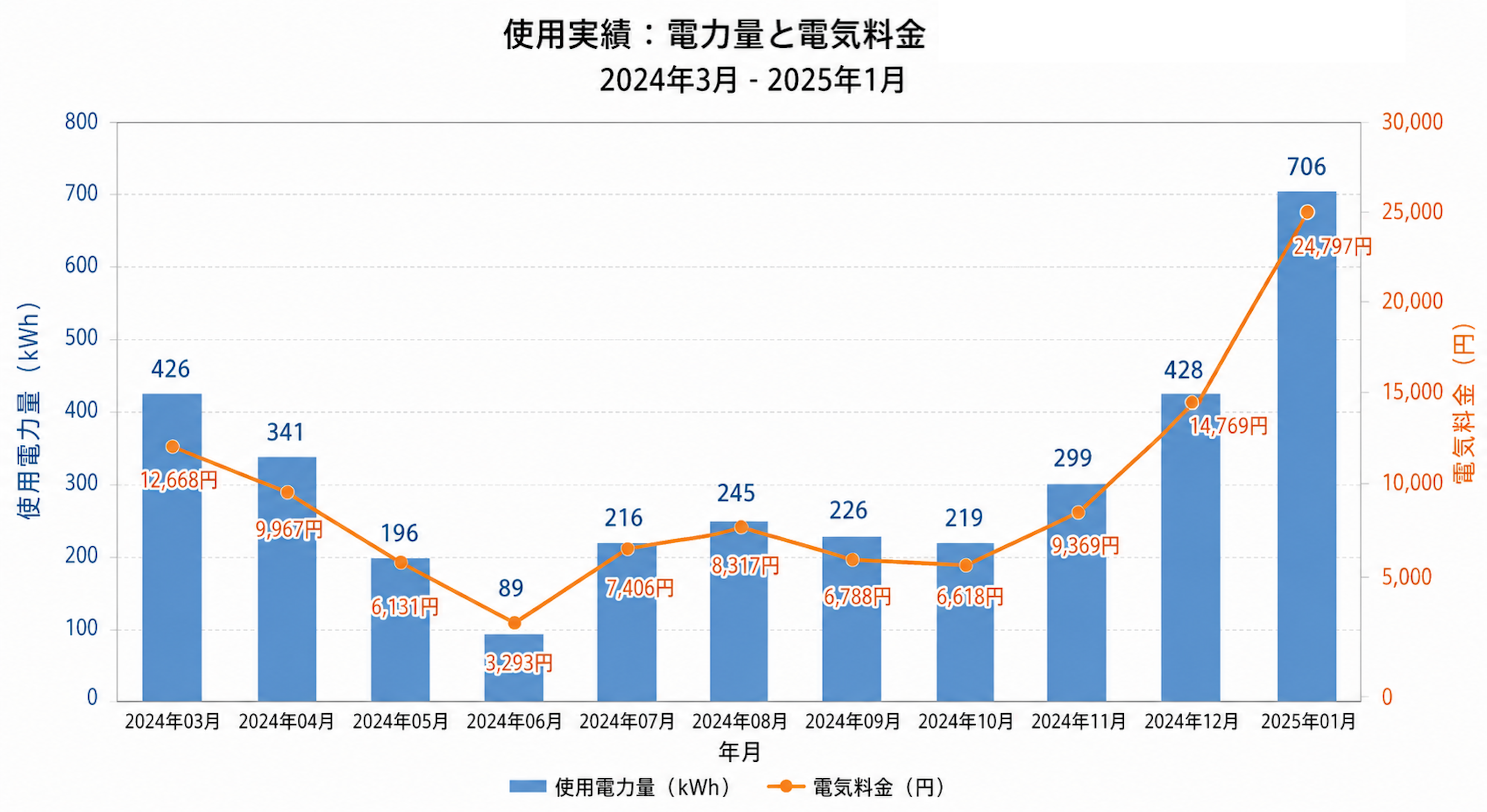 2024年から2025年の電力量と電気料金の実額