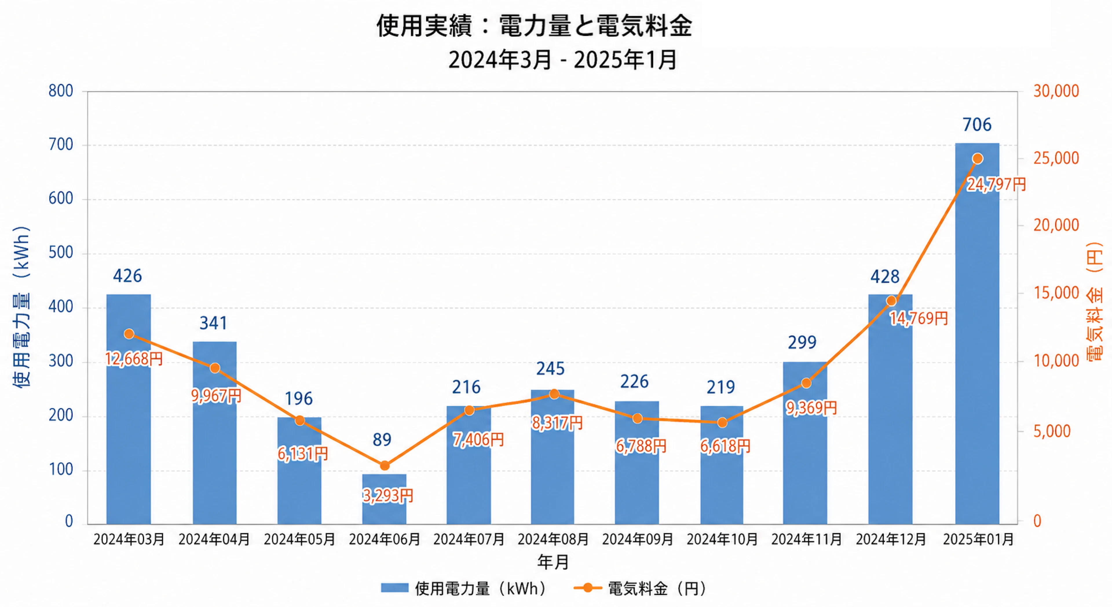 2024年から2025年の電力量と電気料金の実額