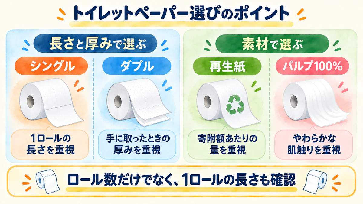 ふるさと納税トイレットペーパーの選び方 シングル・ダブル・再生紙・パルプ100％の比較