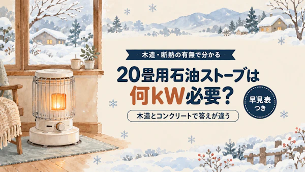 20畳用石油ストーブは何kW必要？【木造・断熱の有無で分かる早見表】