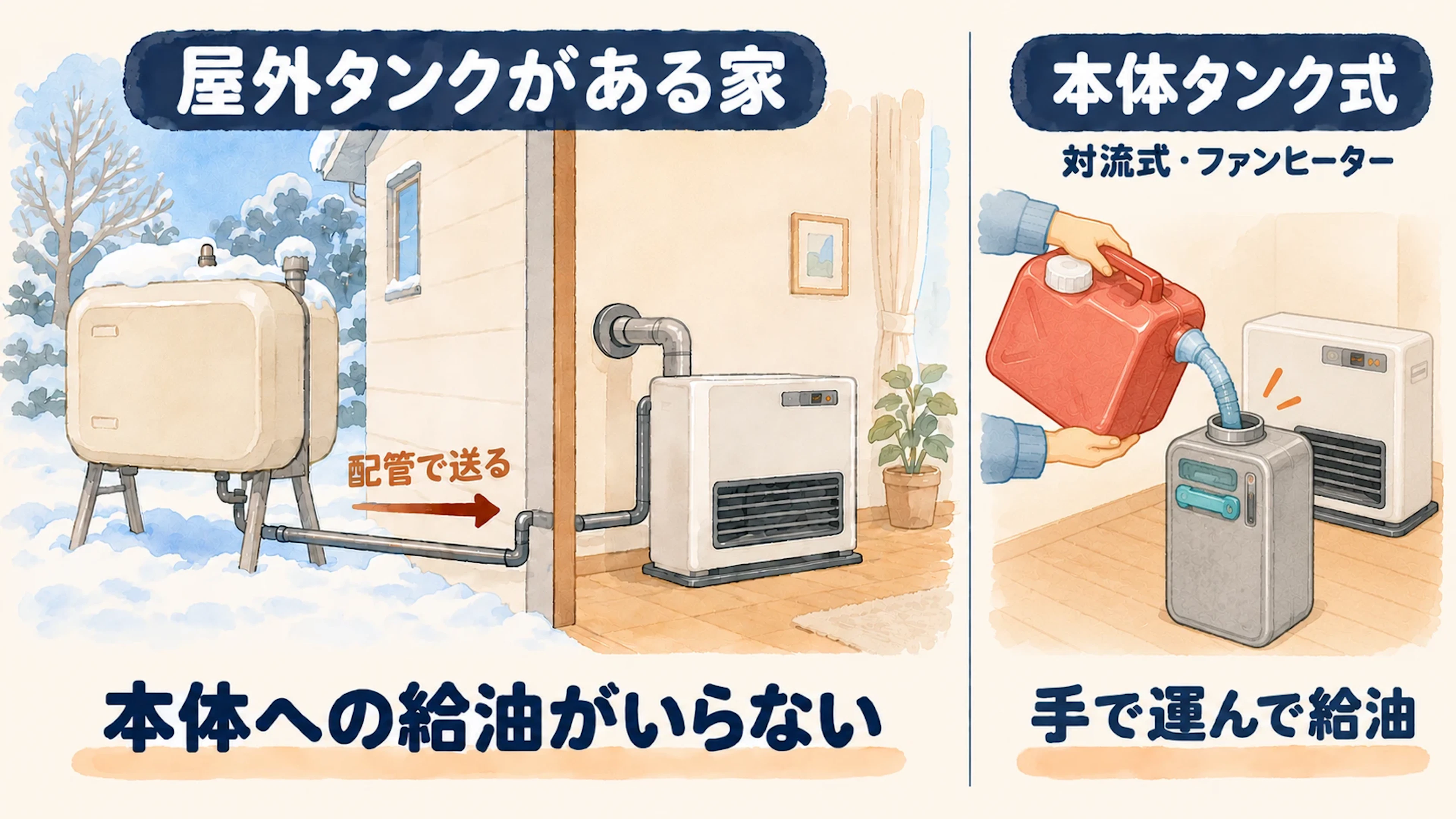 屋外タンクがある家はFF式なら配管で灯油を送れて本体への給油がいらない。対流式・ファンヒーターの本体タンク式は手で運んで給油
