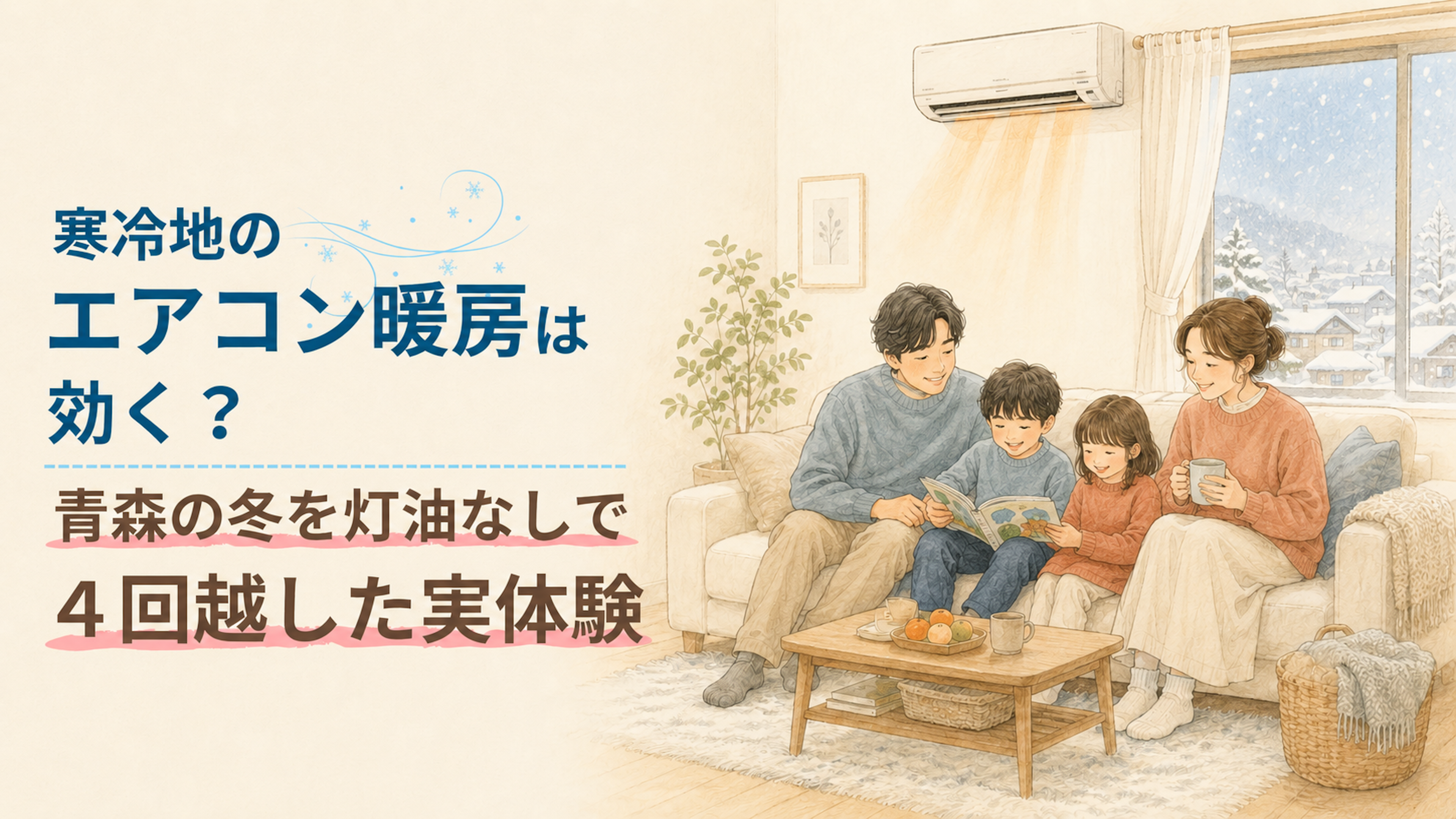 青森の冬、エアコン暖房で暖かく過ごす家族